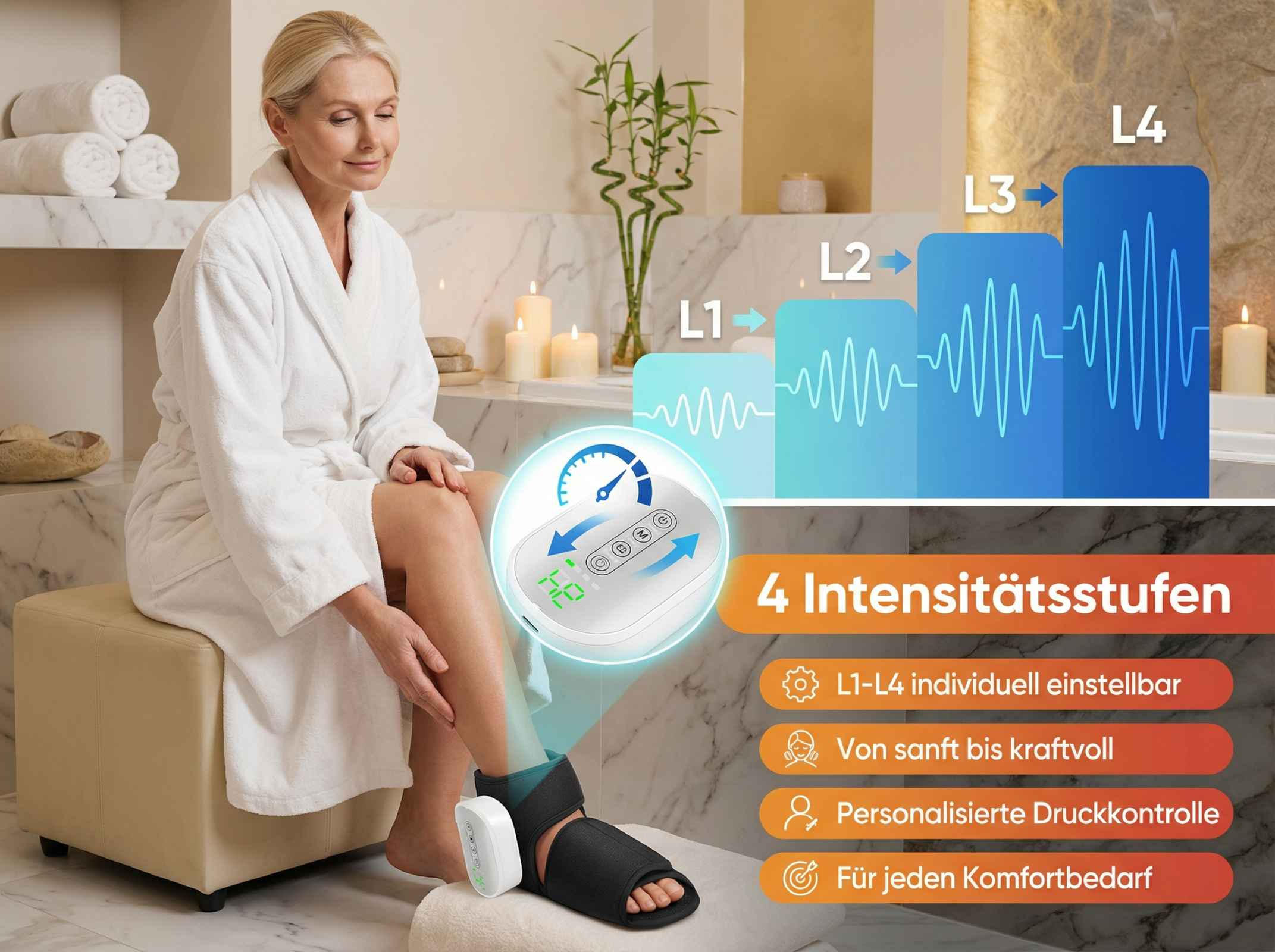 Frau in Bademantel sitzt, Bein mit Gerät, Intensitätsstufen-Grafik.