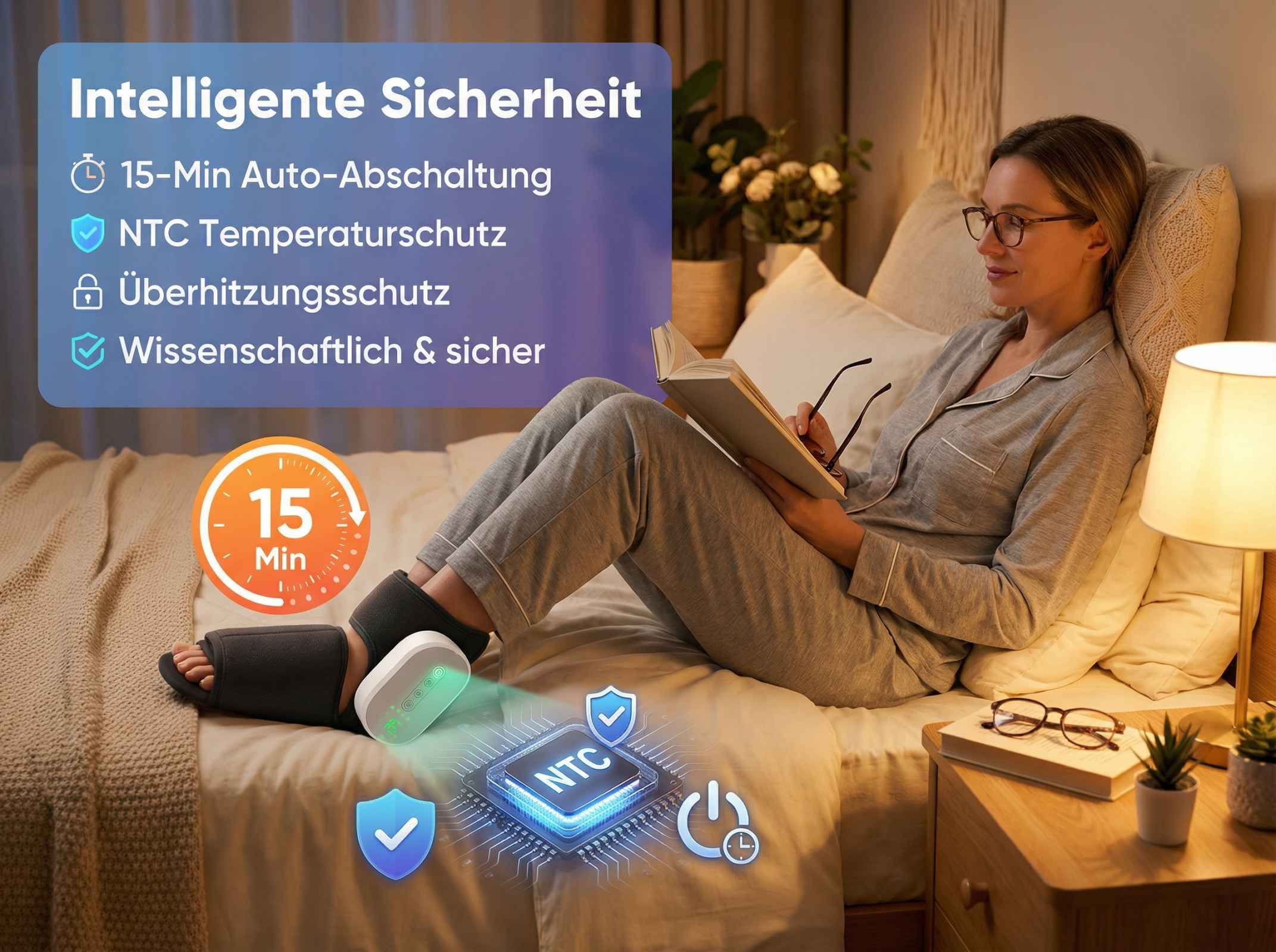 Eine Frau liest im Bett, während sie eine Fußheizung trägt. Intelligente Sicherheitsfunktionen werden angezeigt.