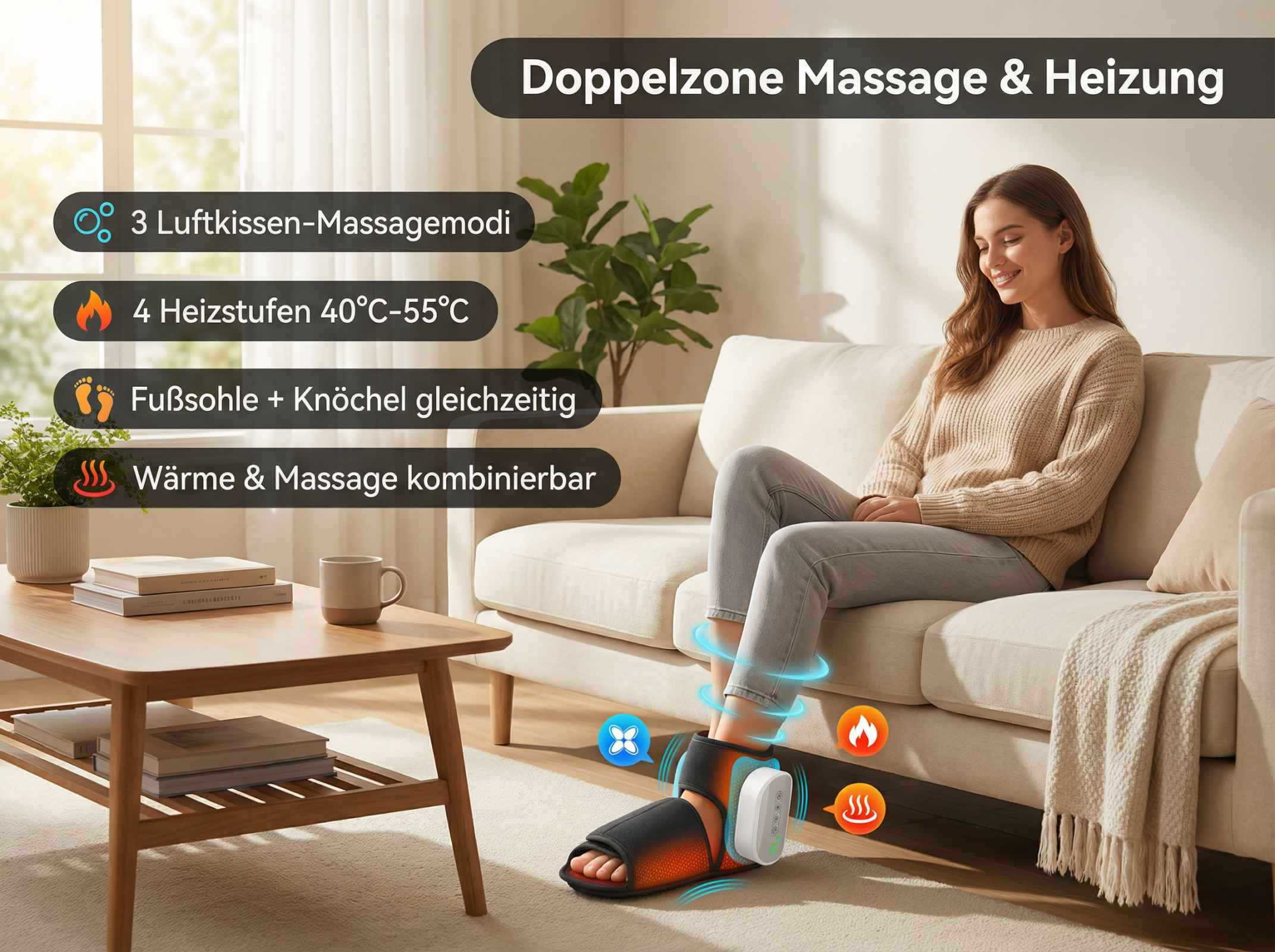 Frau entspannt auf Sofa, Fußmassagegerät mit Heizung und Luftkissen.