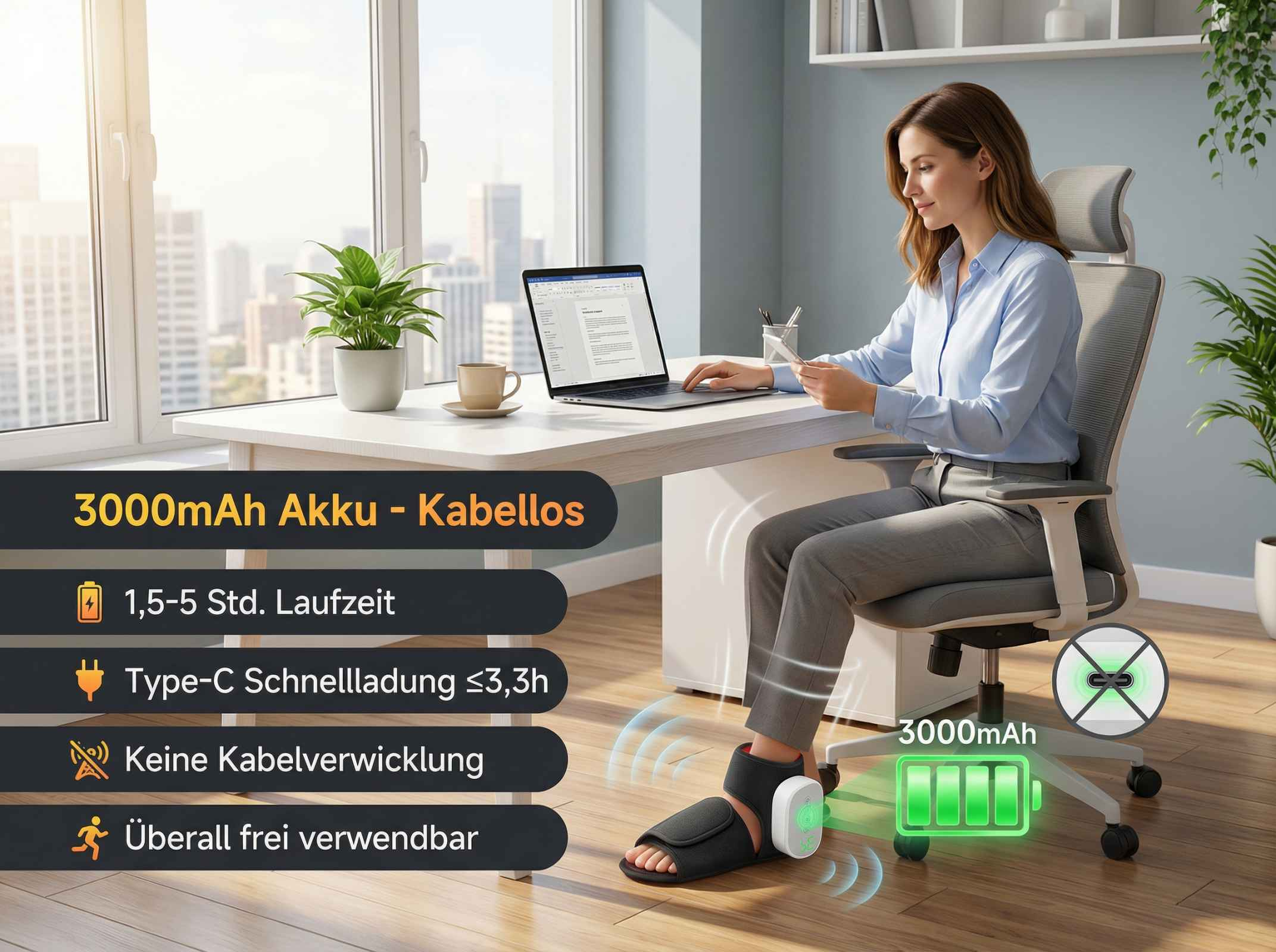 Frau am Schreibtisch mit Laptop, Fußband und Akku-Anzeige.