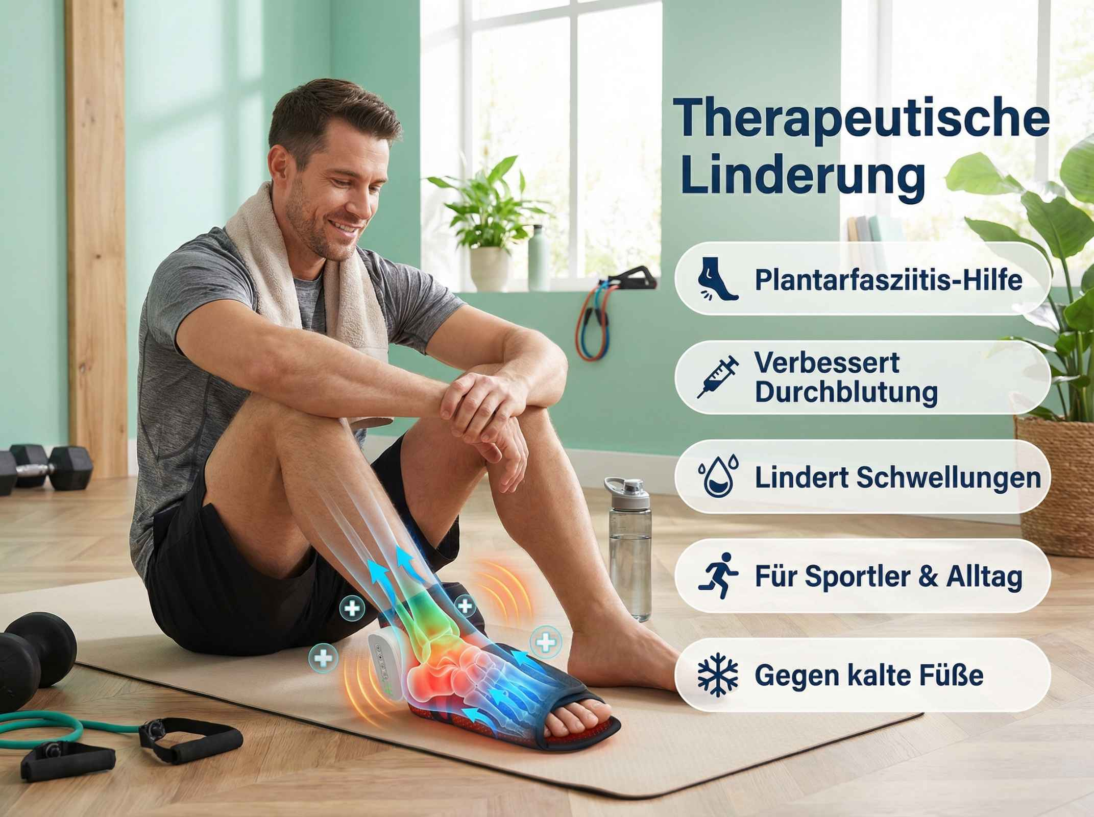 Mann sitzt auf Yogamatte, trägt Fuß-Therapiegerät. Icons zeigen Vorteile.