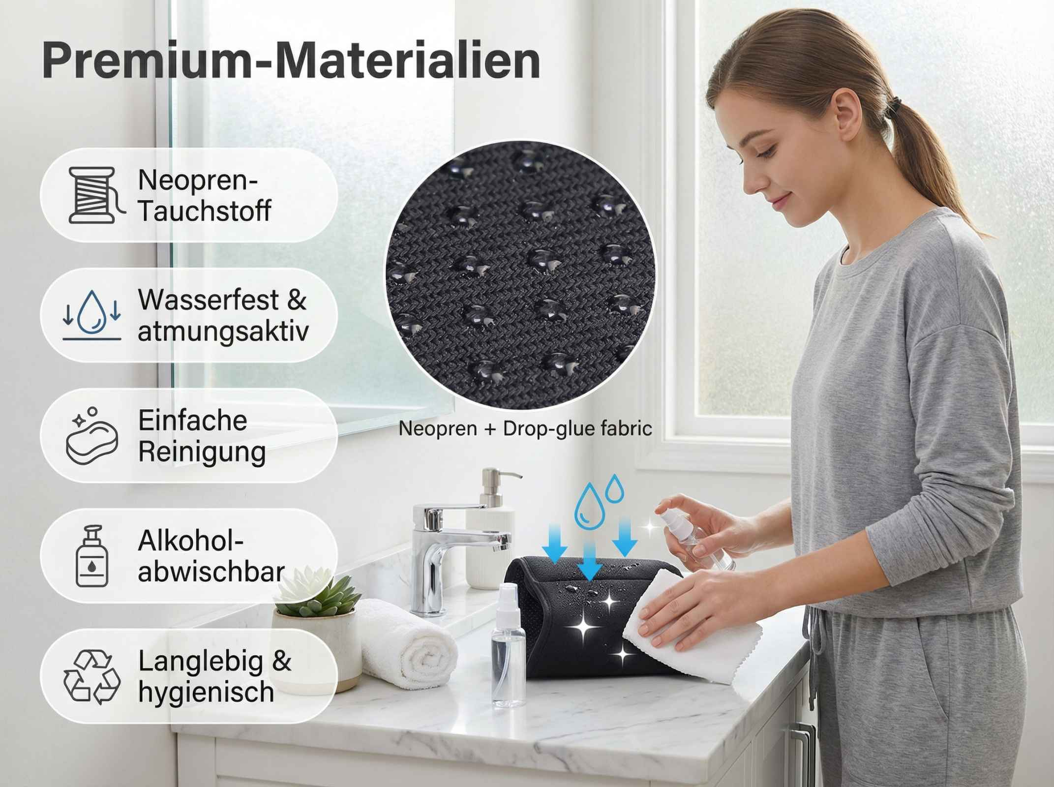 Frau reinigt schwarzes Neopren-Produkt mit Sprühflasche und Tuch.