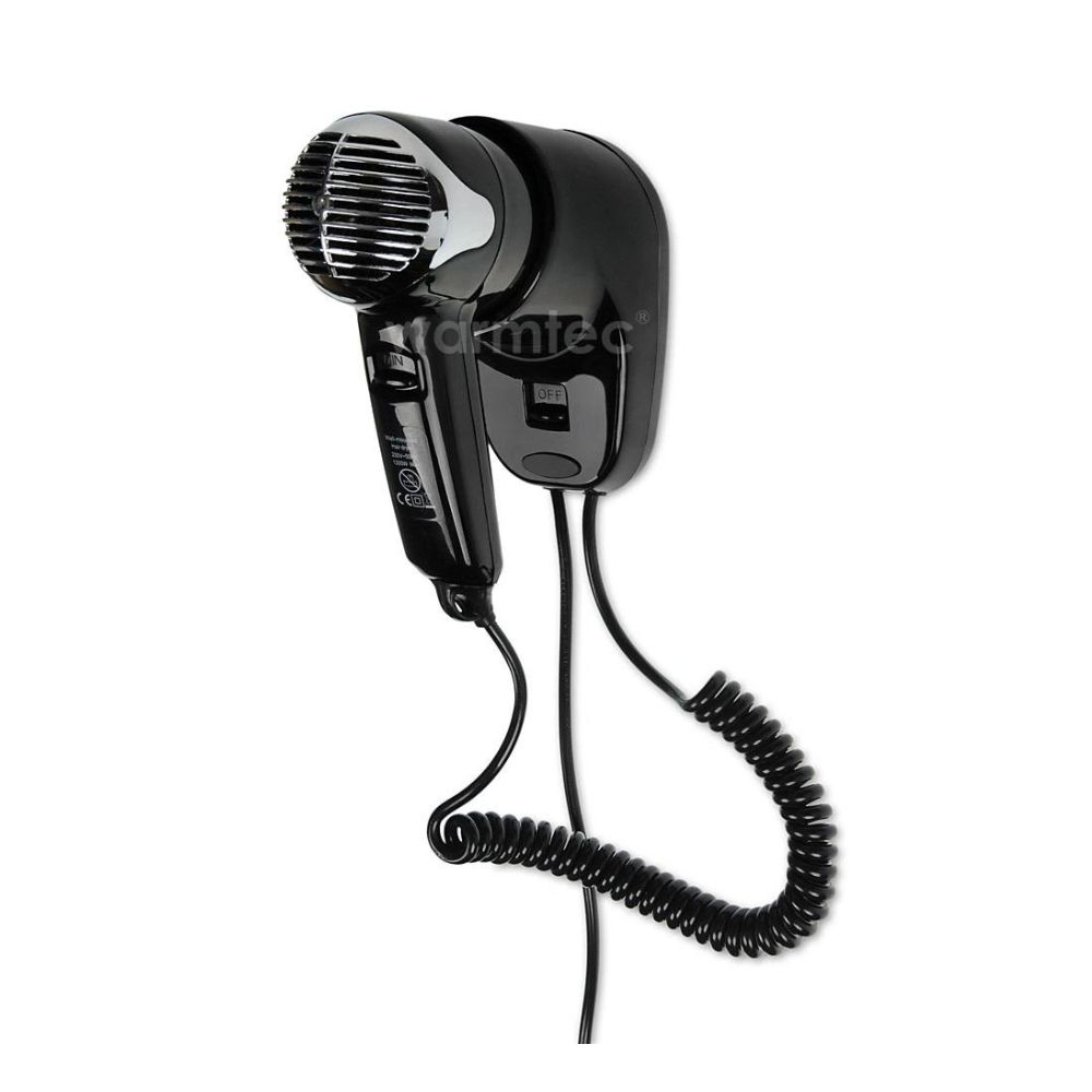 Czarna suszarka do włosów z prążkowanym wlotem i przełącznikiem na uchwycie.