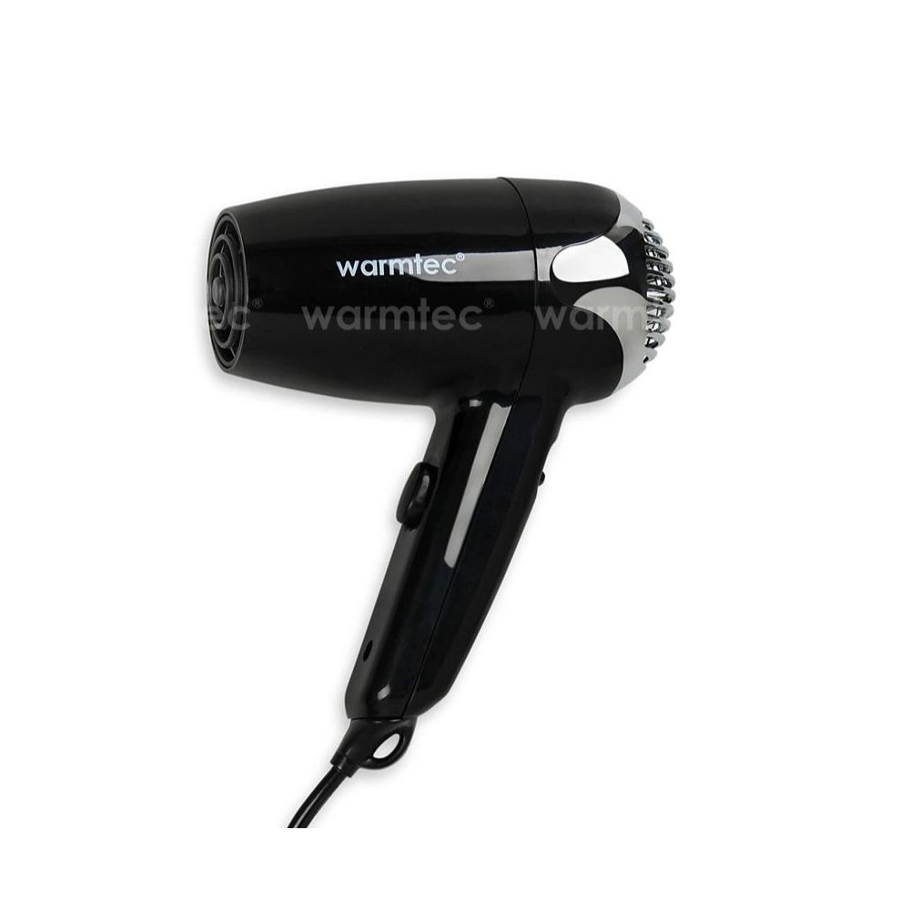 Czarna suszarka do włosów ze srebrnymi akcentami i logo "warmtec".