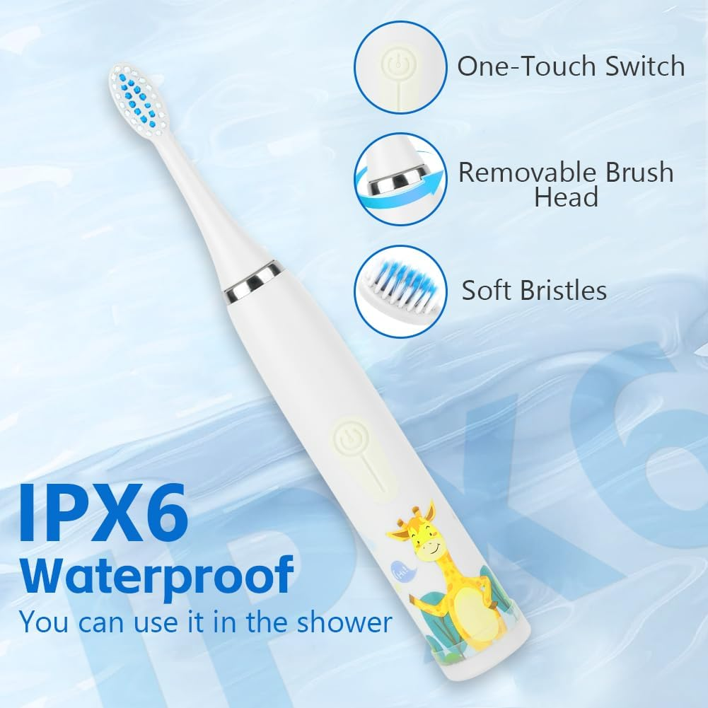 Weiße Zahnbürste mit Giraffen-Aufdruck, IPX6 wasserdicht, Ein-Knopf-Bedienung.