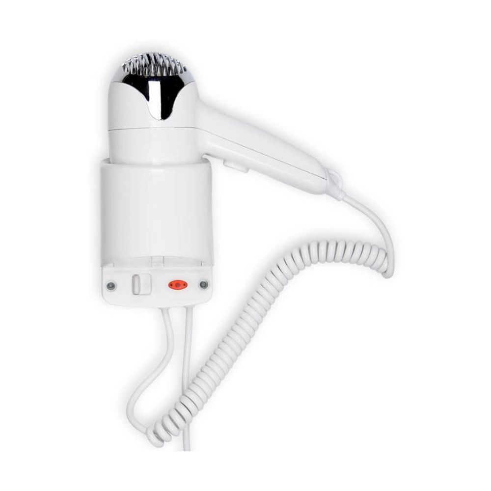 Biała suszarka ścienna z srebrną dyszą i zwiniętym kablem.
