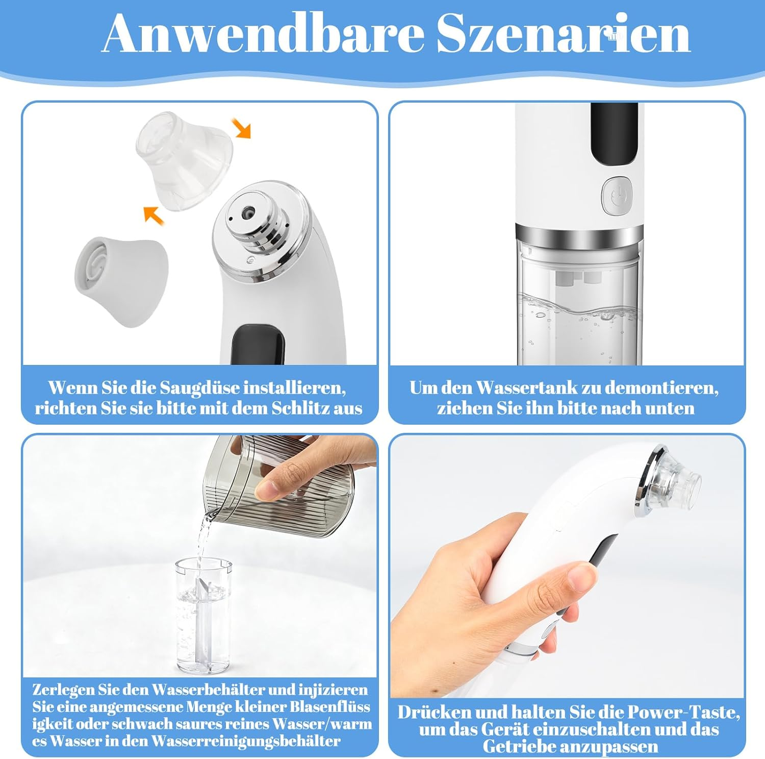 Schritt-für-Schritt-Anleitung zur Verwendung eines Hautpflegegeräts mit verschiedenen Aufsätzen und Flüssigkeit.