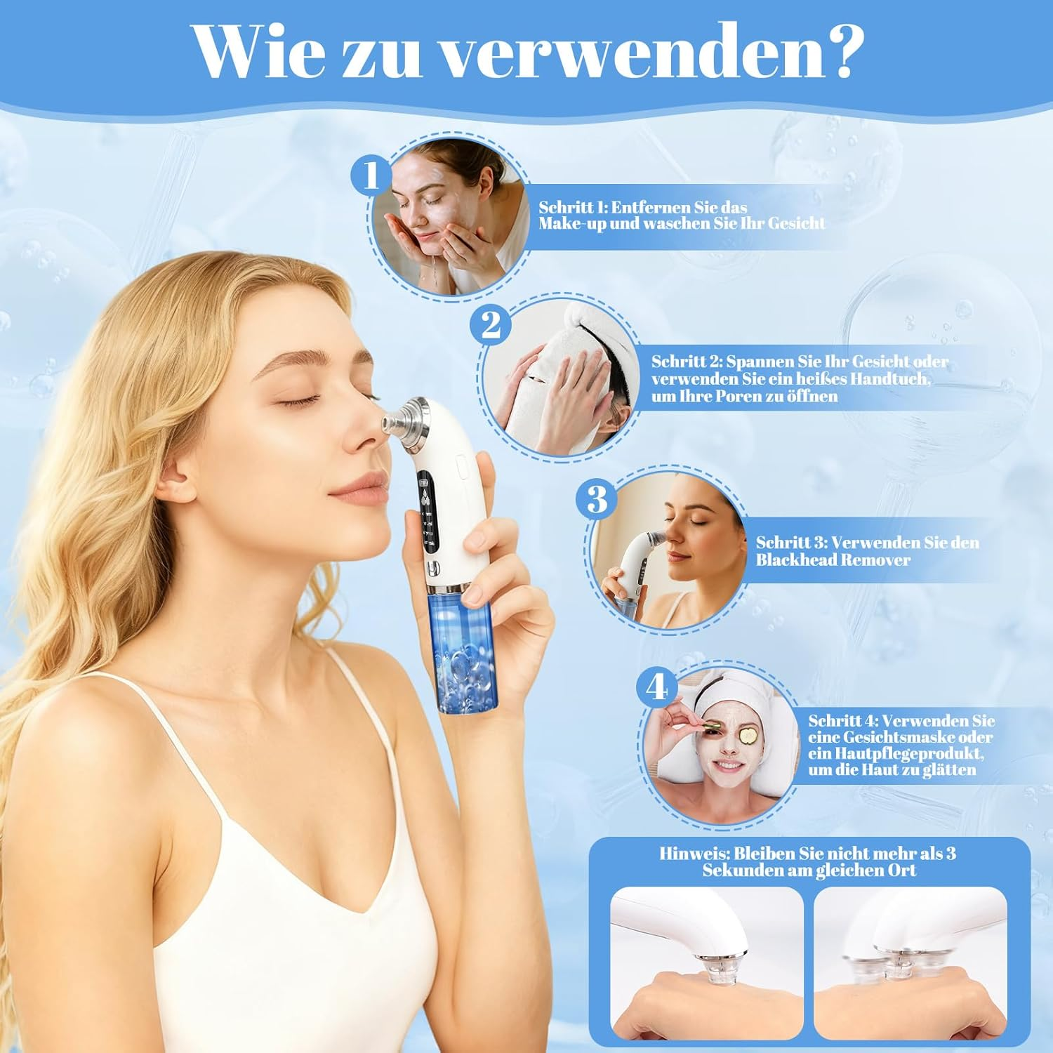 Anleitung zur Hautpflege: Gesichtsreinigung, Dampf, Blackhead Remover, Maske.