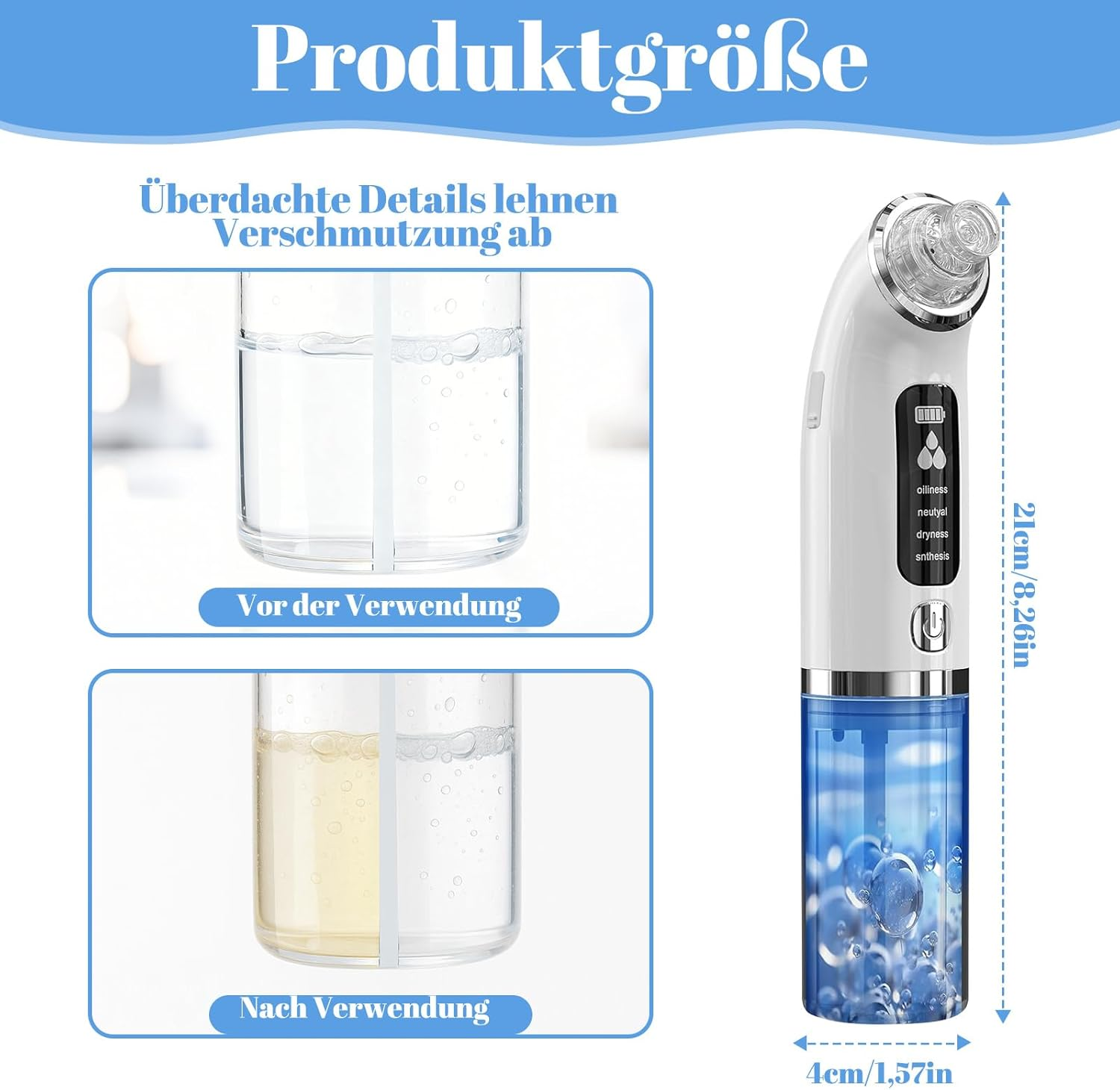 Ein Hautpflegegerät mit zwei Behältern, die den Vorher/Nachher-Effekt zeigen.