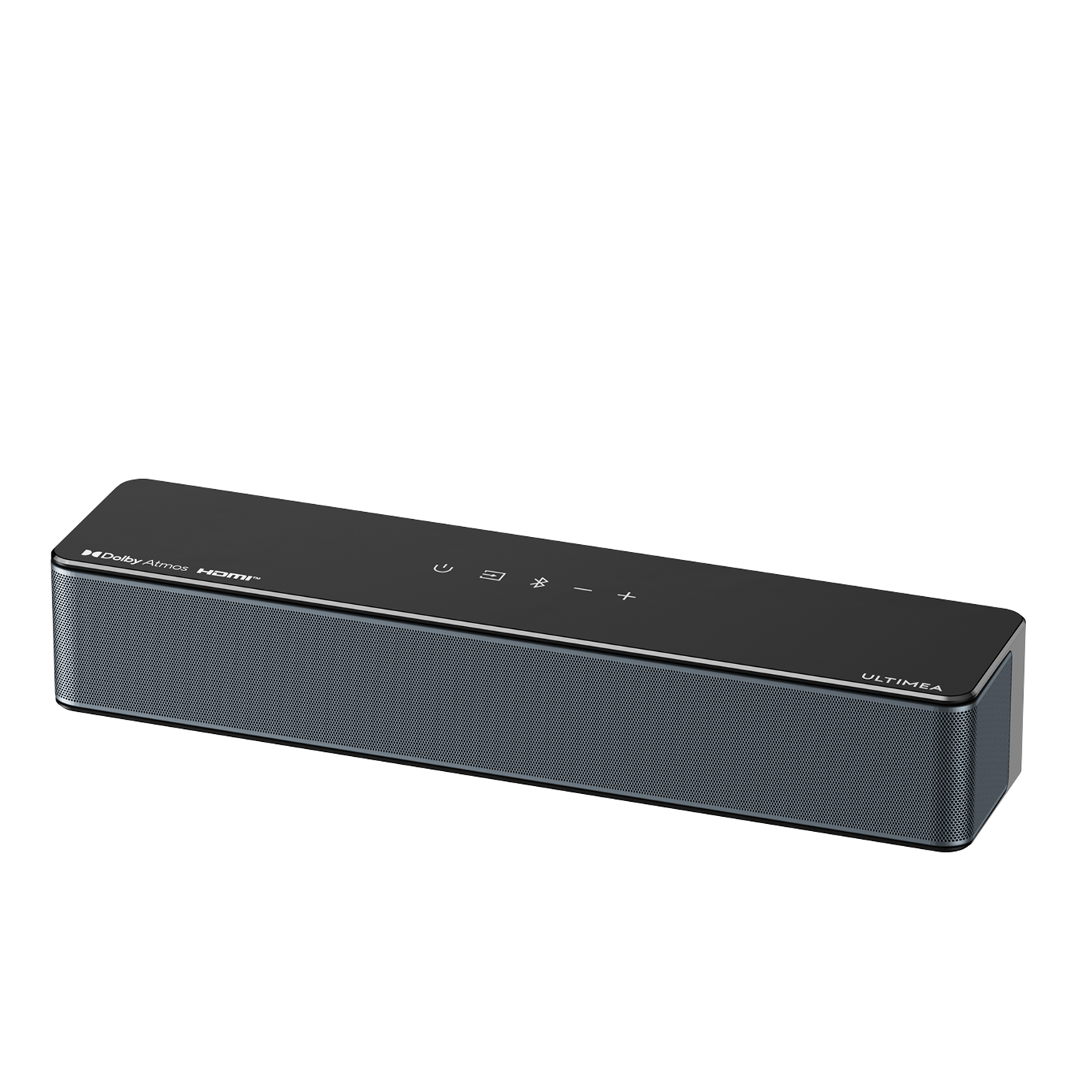 Czarny soundbar z logo Dolby Atmos i HDMI, oraz przyciskami dotykowymi.