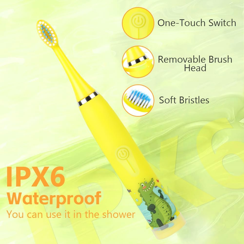 Gelbe Zahnbürste mit Krokodil-Aufdruck, IPX6 wasserdicht, Ein-Tasten-Schalter.