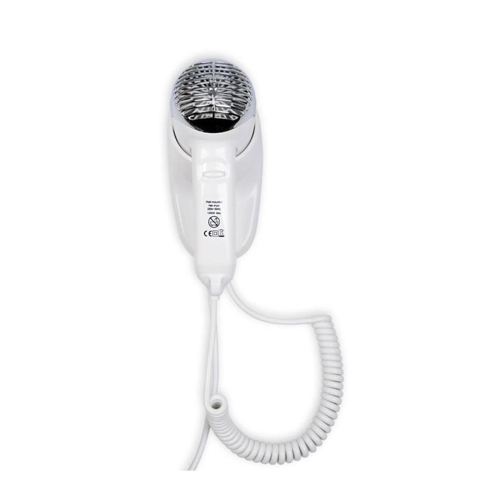 Biała suszarka do włosów z srebrną kratką i spiralnym kablem.