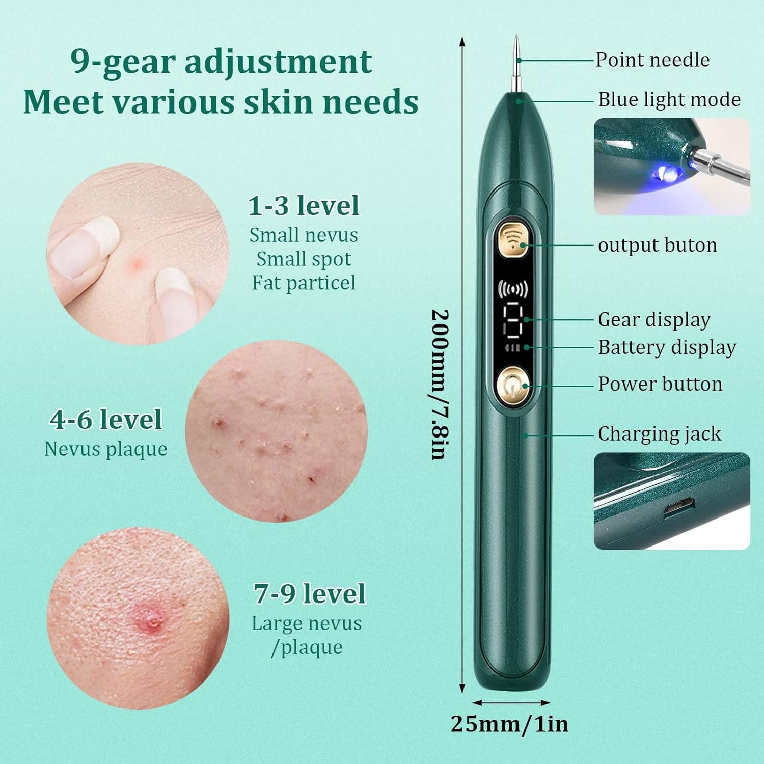 Ein Hautbehandlungsstift mit 9 Gängen, Nadel, blauem Licht und Ladeanschluss.