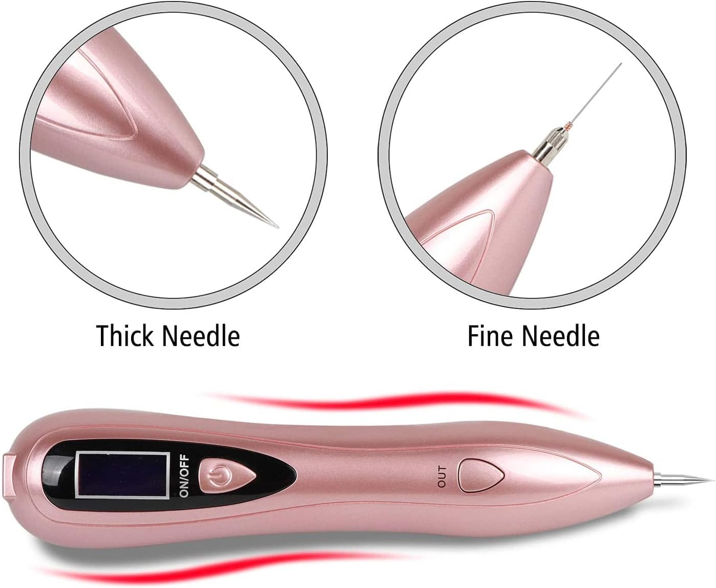 Roségoldfarbener Beauty-Stift mit Digitalanzeige, Knöpfen und austauschbaren dicken und feinen Nadeln.
