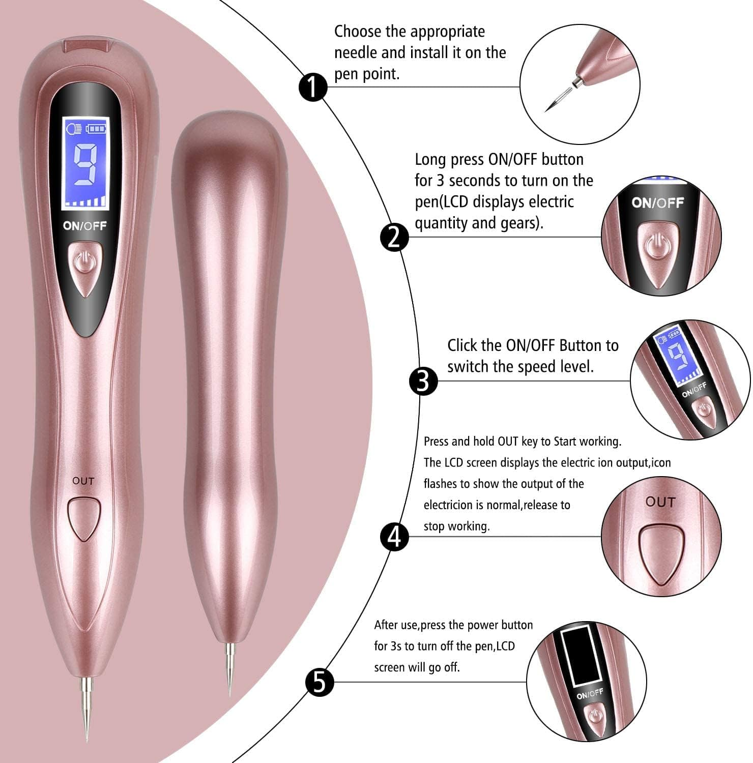 Ein roségoldener Hautpflege-Stift mit LCD-Display und Nadelaufsätzen, Anleitungsschritte.