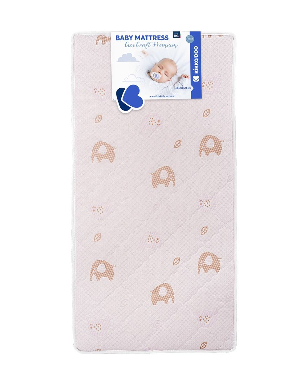 Eine hellrosa Babymatratze mit einem Muster aus Elefanten und Blättern.