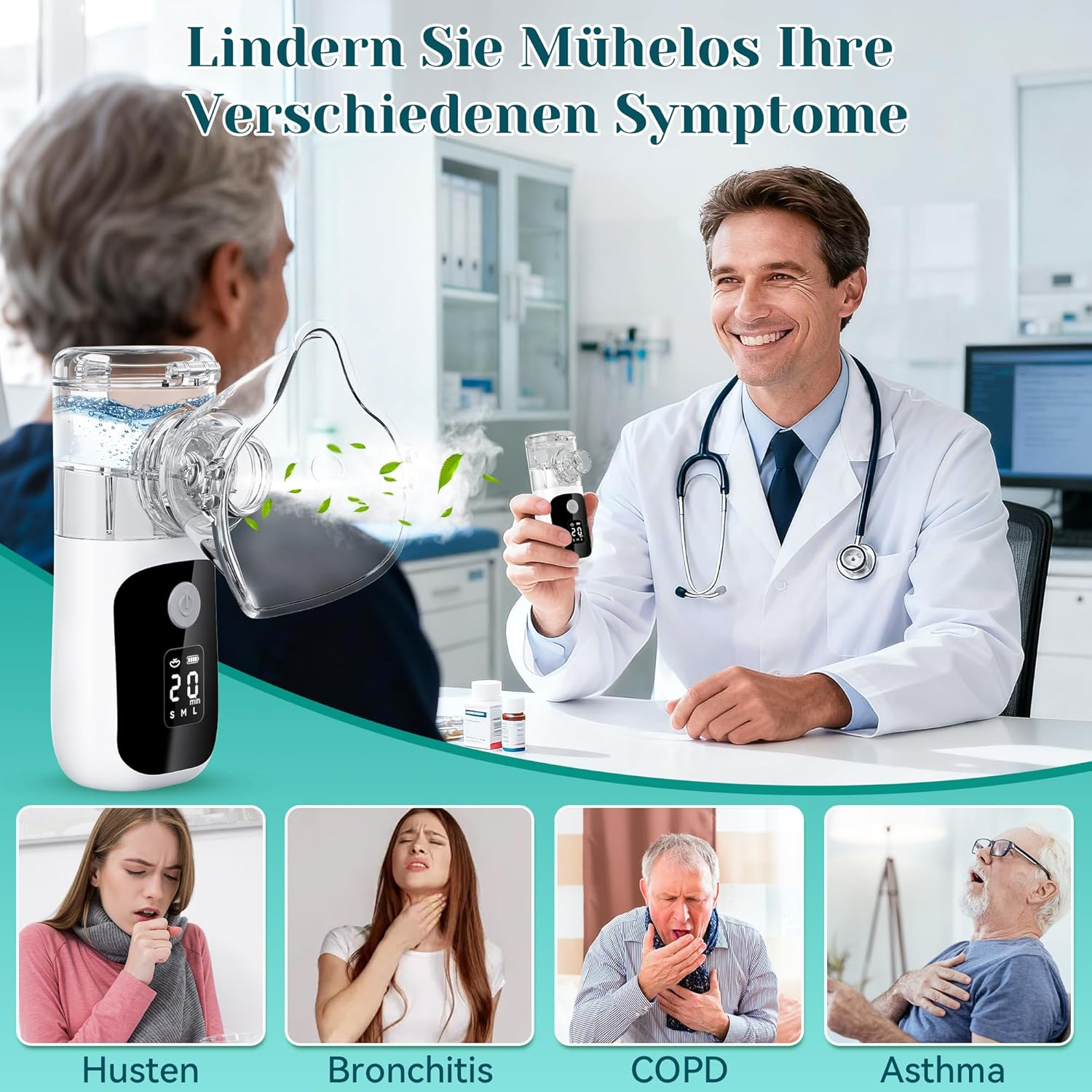 Arzt mit Inhalator, Patient hustet, Bronchitis, COPD, Asthma.