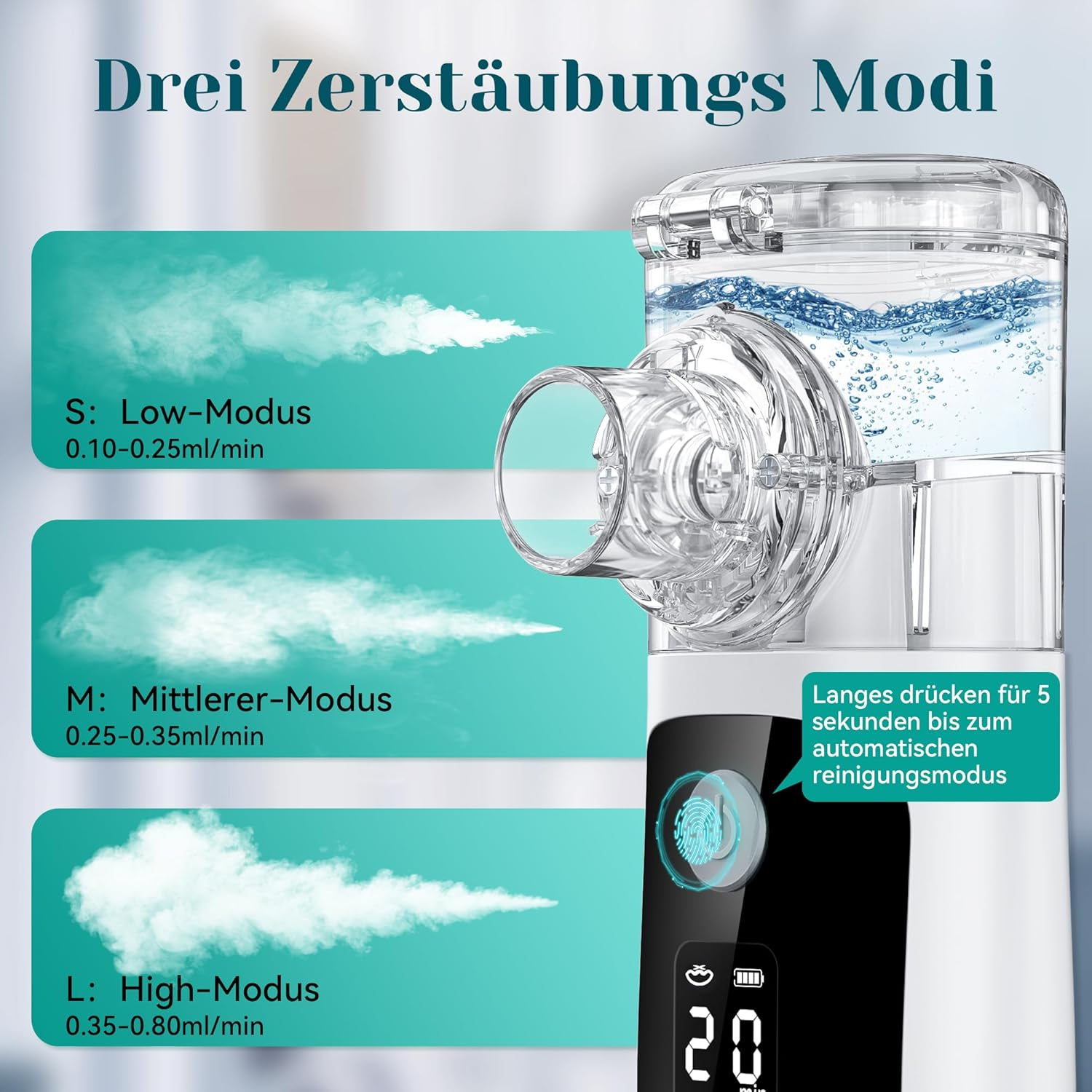 Ein Vernebler mit drei Sprühmodi: niedrig, mittel und hoch.