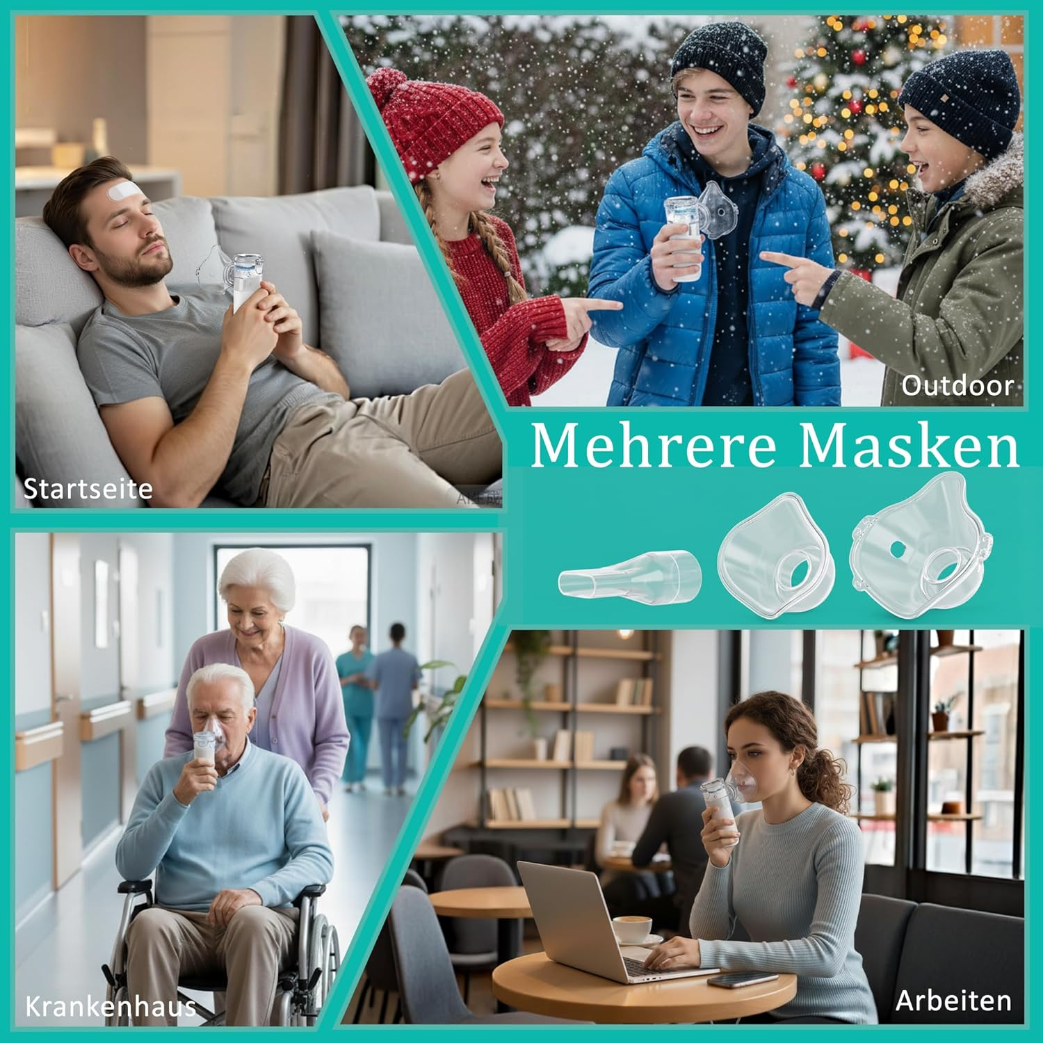 Collage zeigt Inhalatoren in verschiedenen Szenarien: zu Hause, draußen, im Krankenhaus, bei der Arbeit.