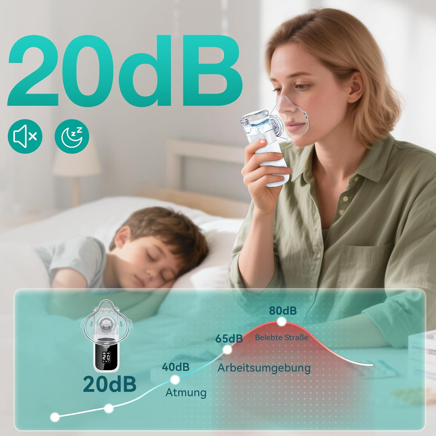 Eine Frau benutzt einen Inhalator, während ein Kind schläft. 20dB Geräuschpegel.