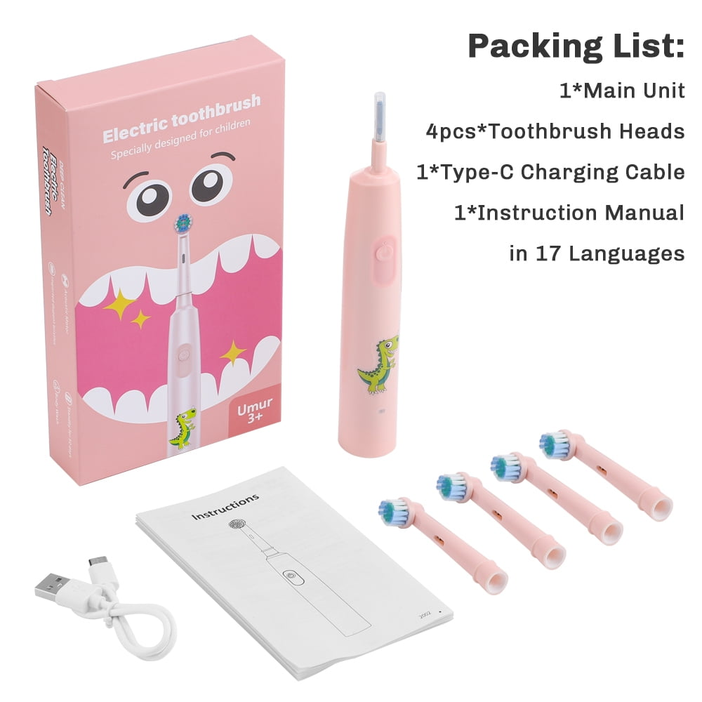 Ein rosa Kinder-Elektrozahnbürsten-Set mit Zubehör und Anleitung.