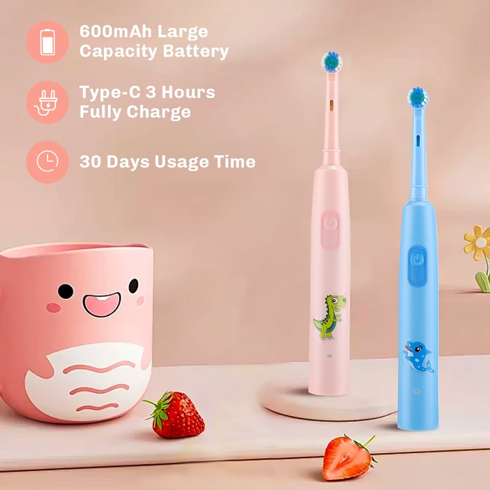 Zwei Kinder-Zahnbürsten, pink und blau, mit niedlichen Tieraufklebern und Becher.