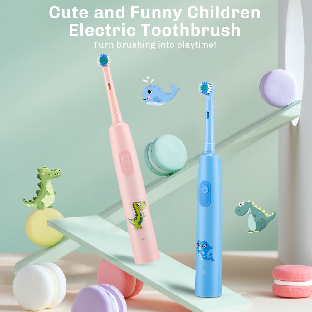 Zwei Kinderzahnbürsten, pink und blau, mit niedlichen Tiermotiven. Makronen und Dinos.