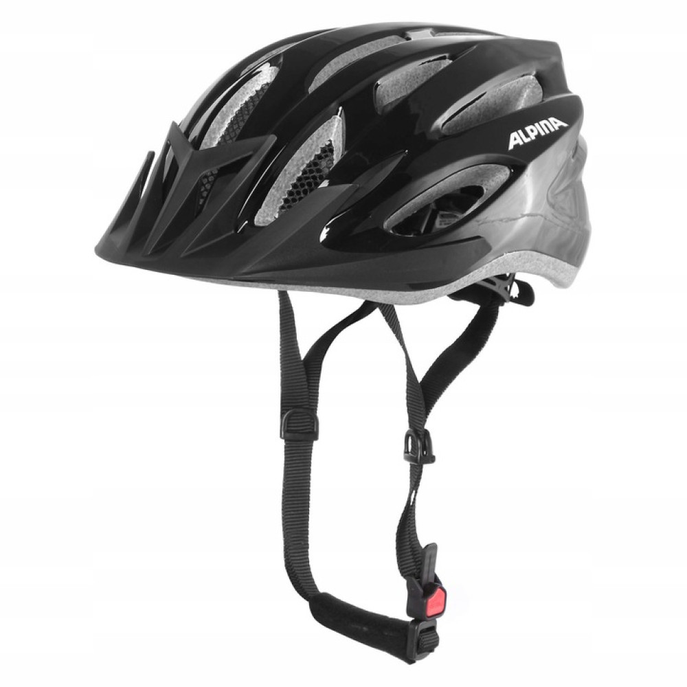 Czarny kask rowerowy Alpina z otworami wentylacyjnymi i regulowanymi paskami na białym tle.