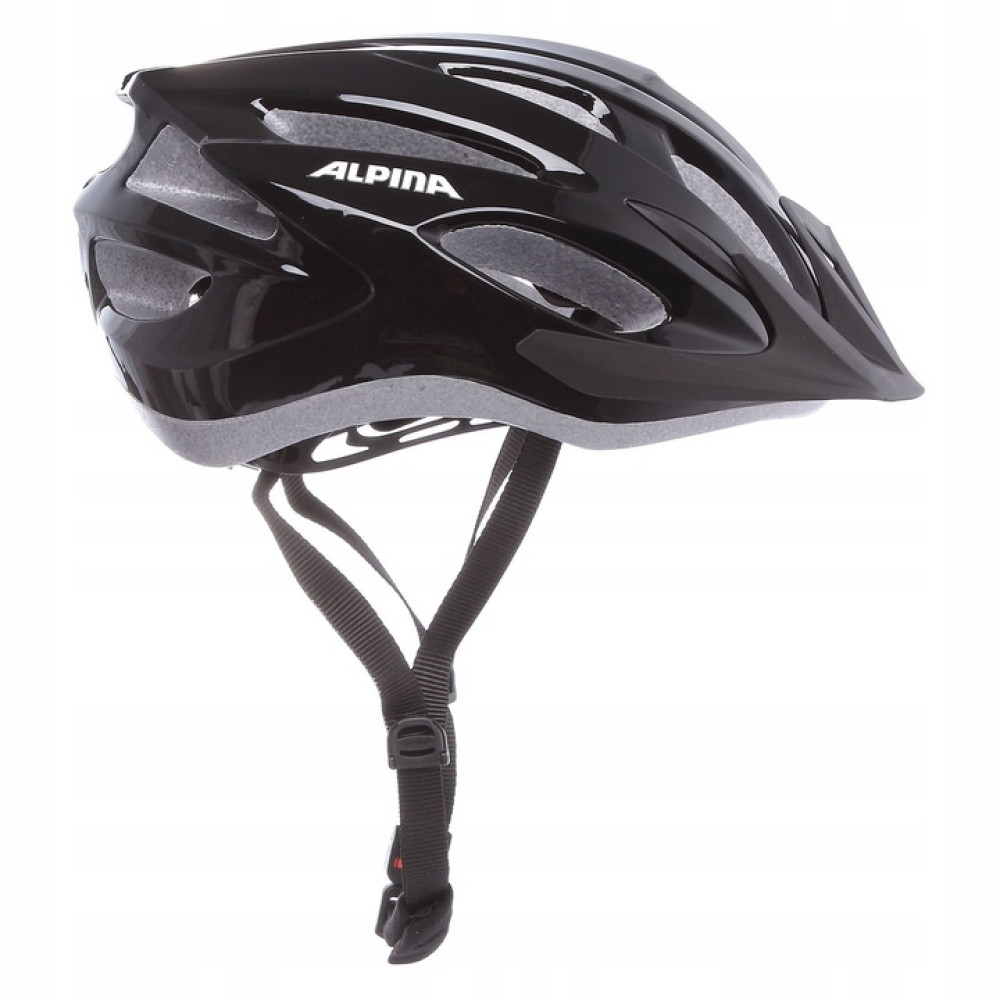 Czarny kask rowerowy Alpina z otworami wentylacyjnymi i paskiem podbródkowym.