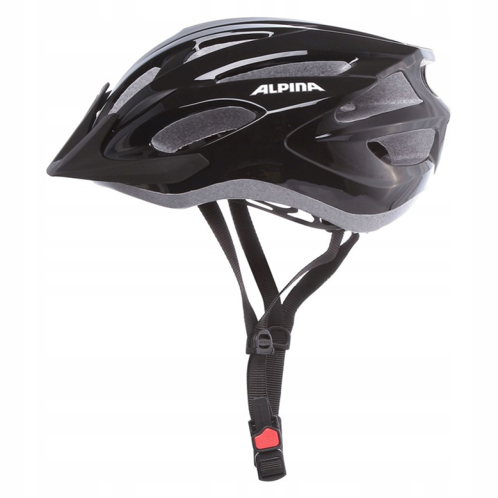 Czarny kask rowerowy z otworami wentylacyjnymi i logo Alpina.