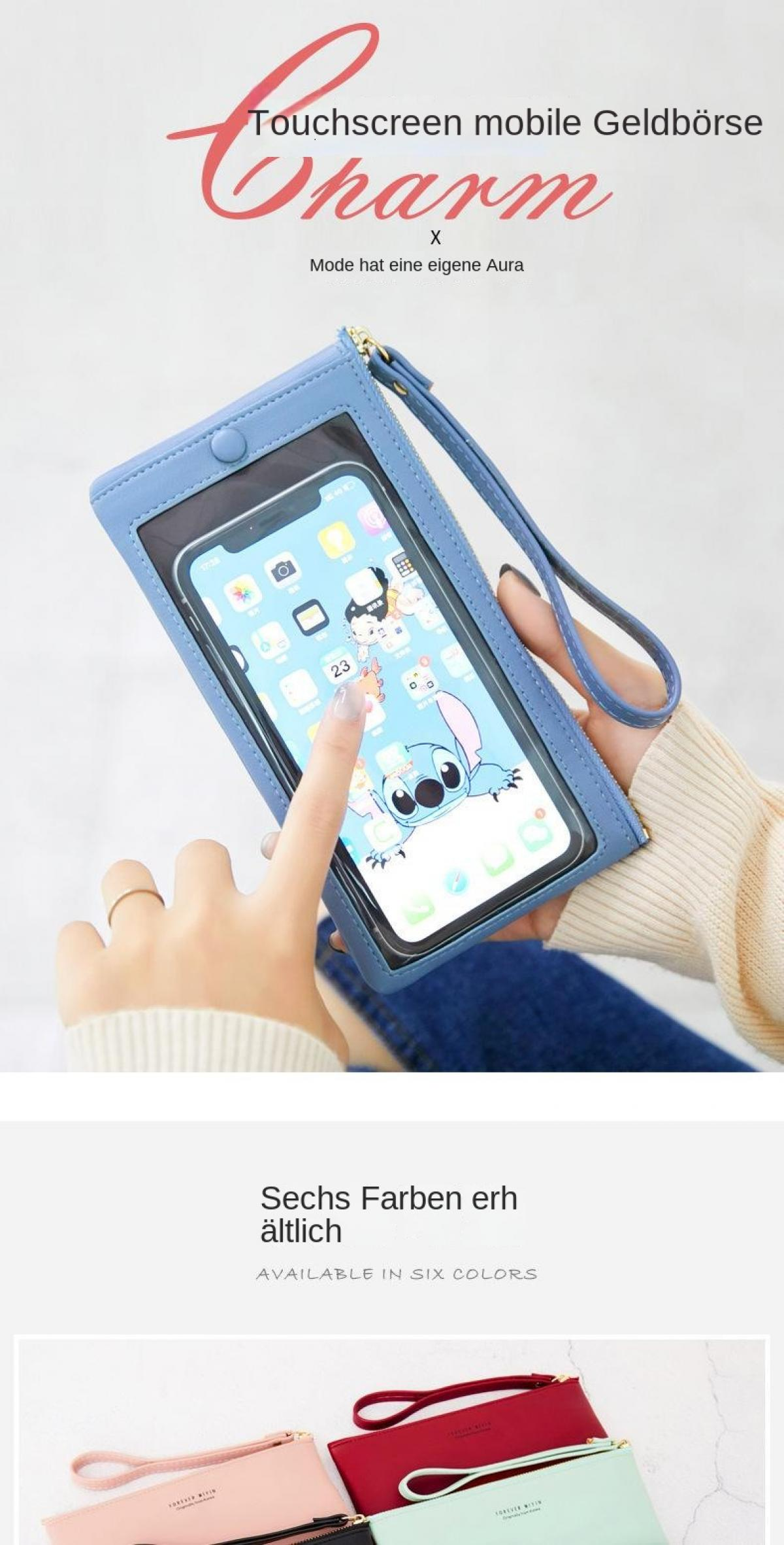 Blaue Geldbörse mit Touchscreen-Handy und Stitch-Hintergrund. Mehrfarbig.