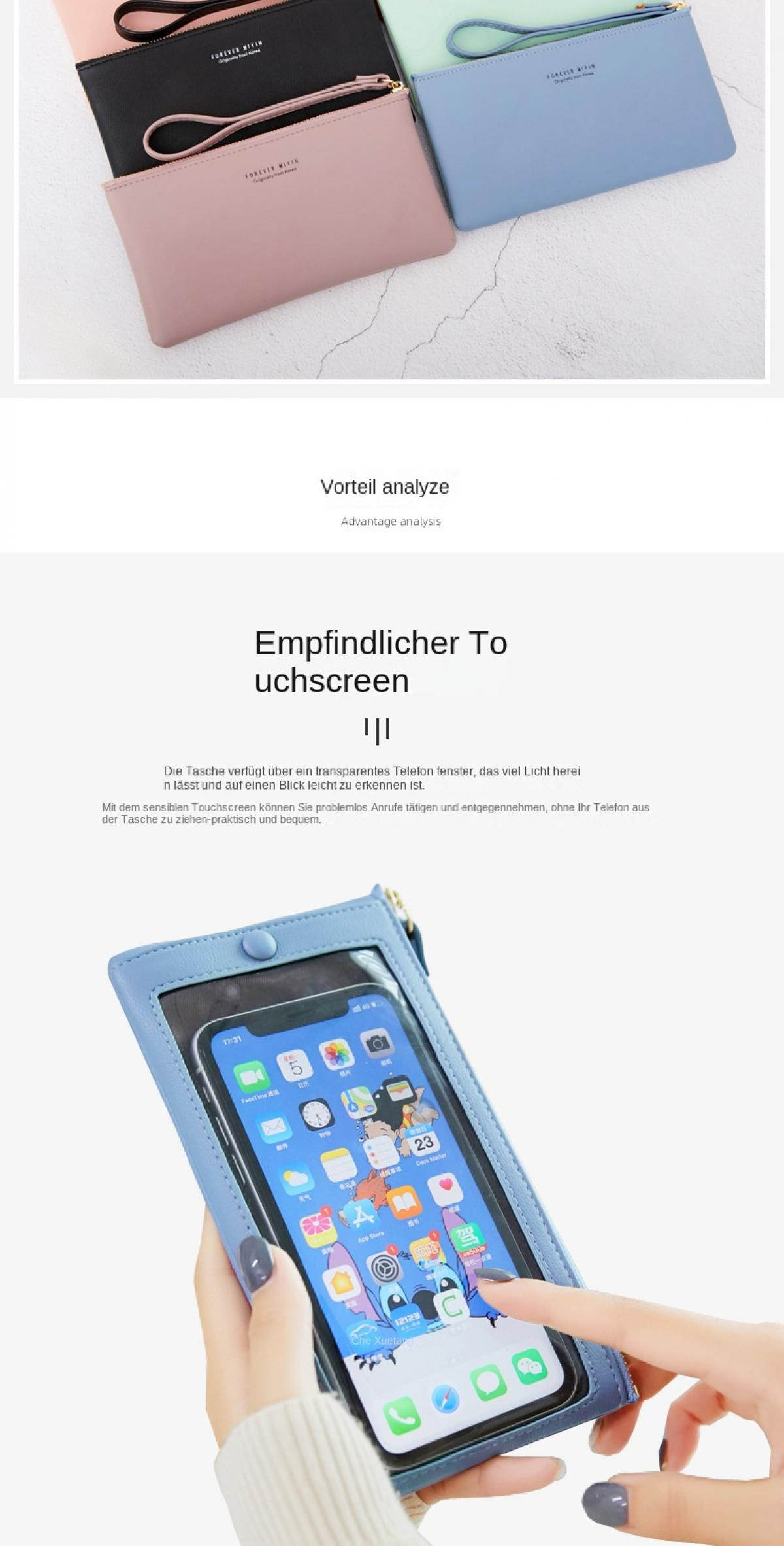 Mehrere farbige Taschen liegen übereinander. Eine blaue Tasche mit einem Handy darin.