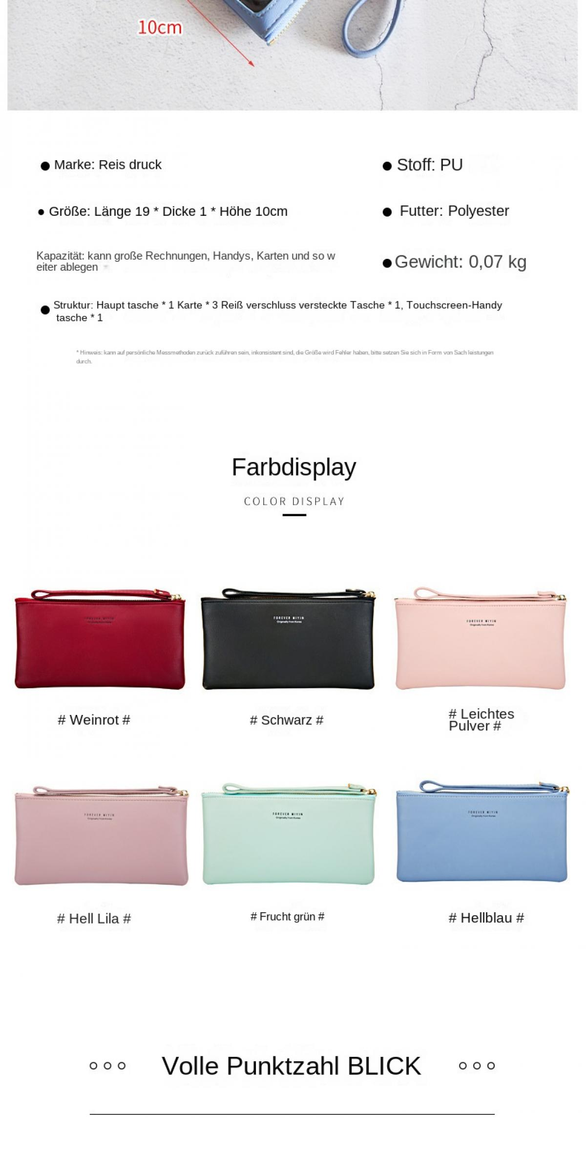 Eine Auswahl von sechs farbigen Clutches mit Reißverschluss und Handschlaufe.
