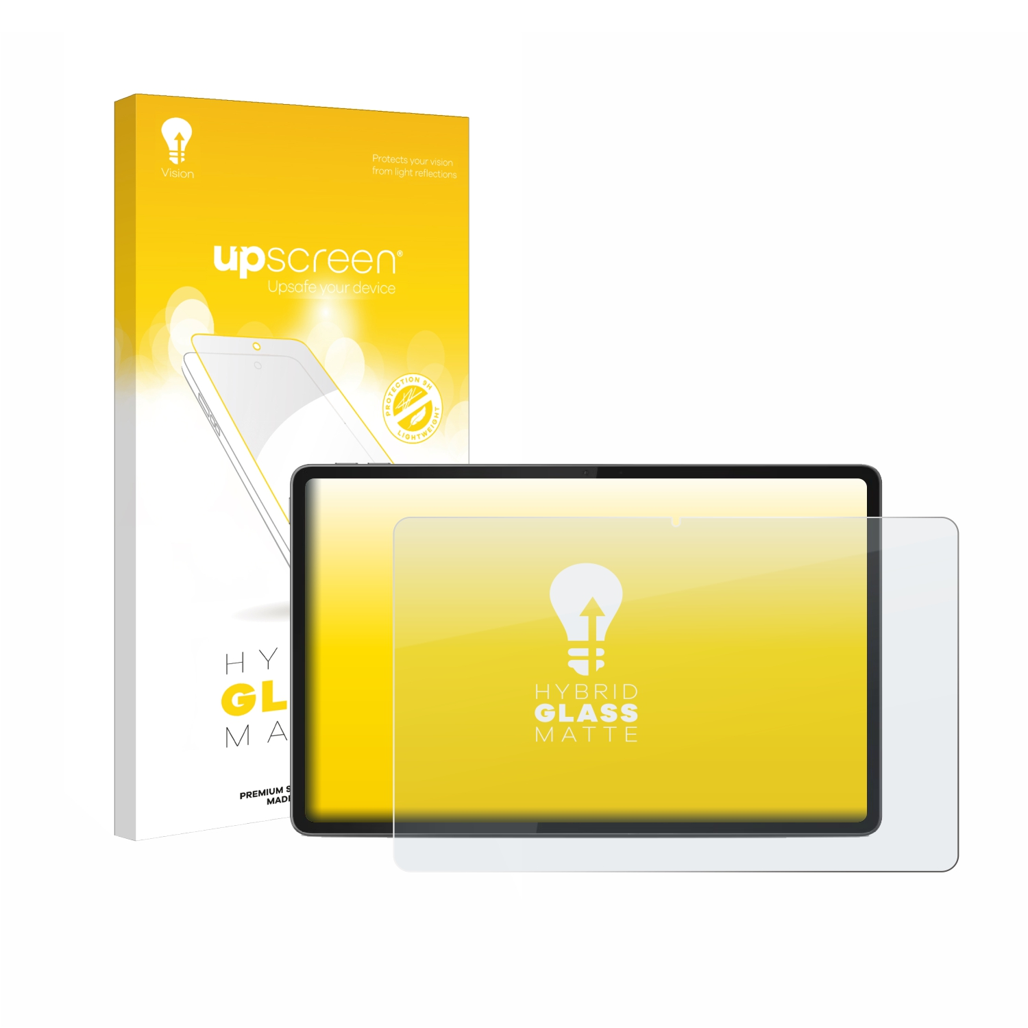 Upscreen Hybrid Glass Matte Displayschutzfolie Verpackung und Tablet-Bildschirm.