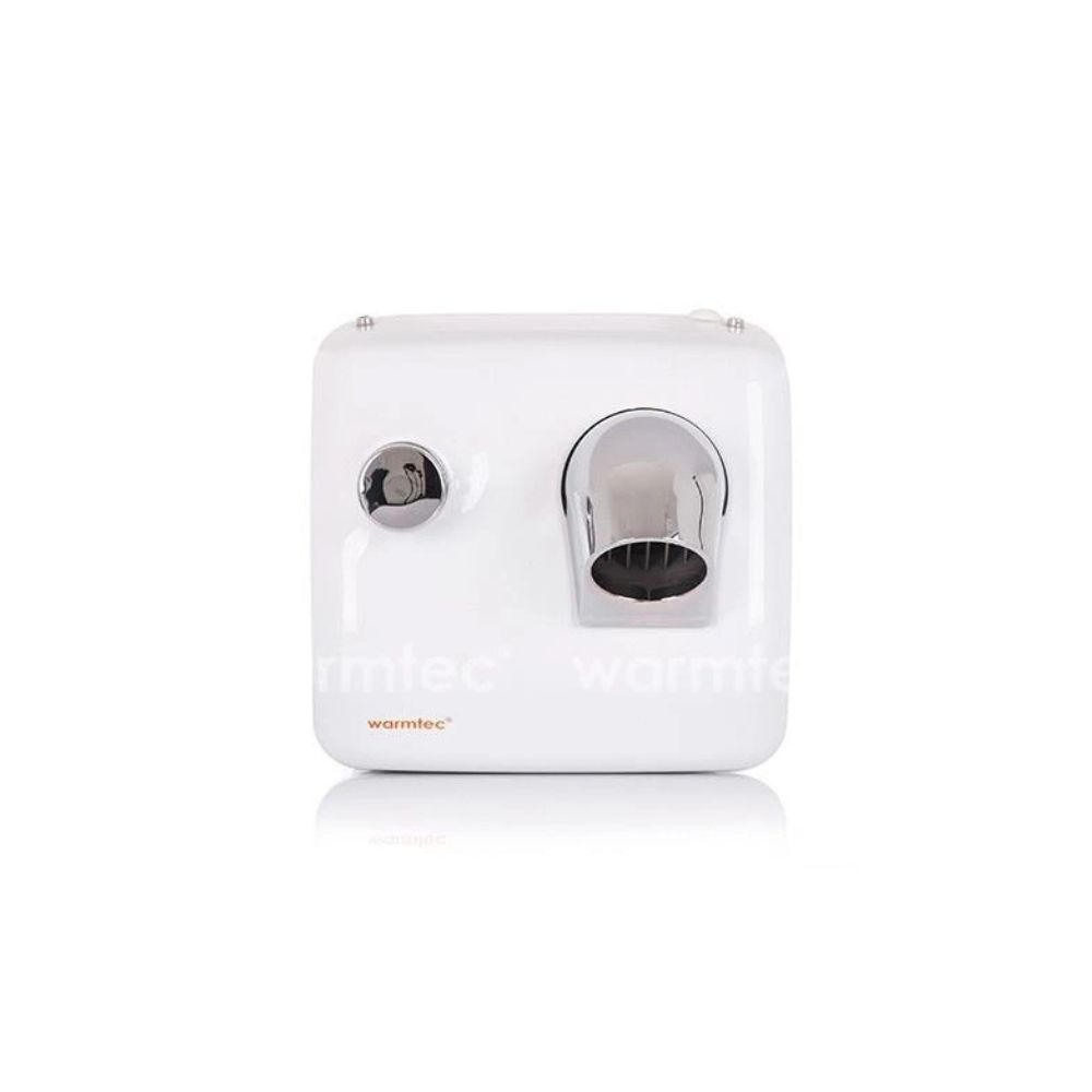 Mała biała suszarka do rąk z chromowanymi detalami i wlotem powietrza.