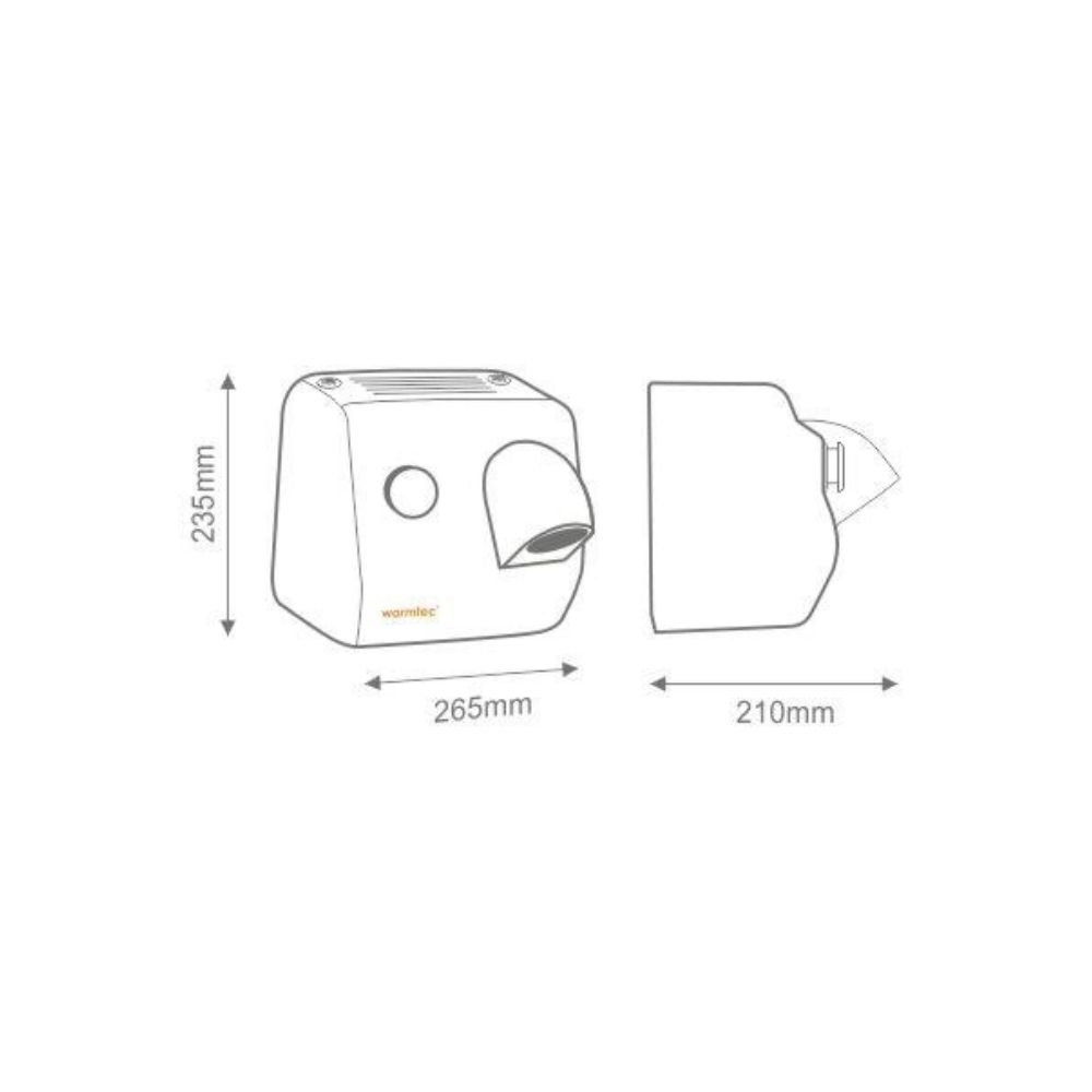 Rysunek techniczny suszarki do rąk o wymiarach 235x265x210mm.