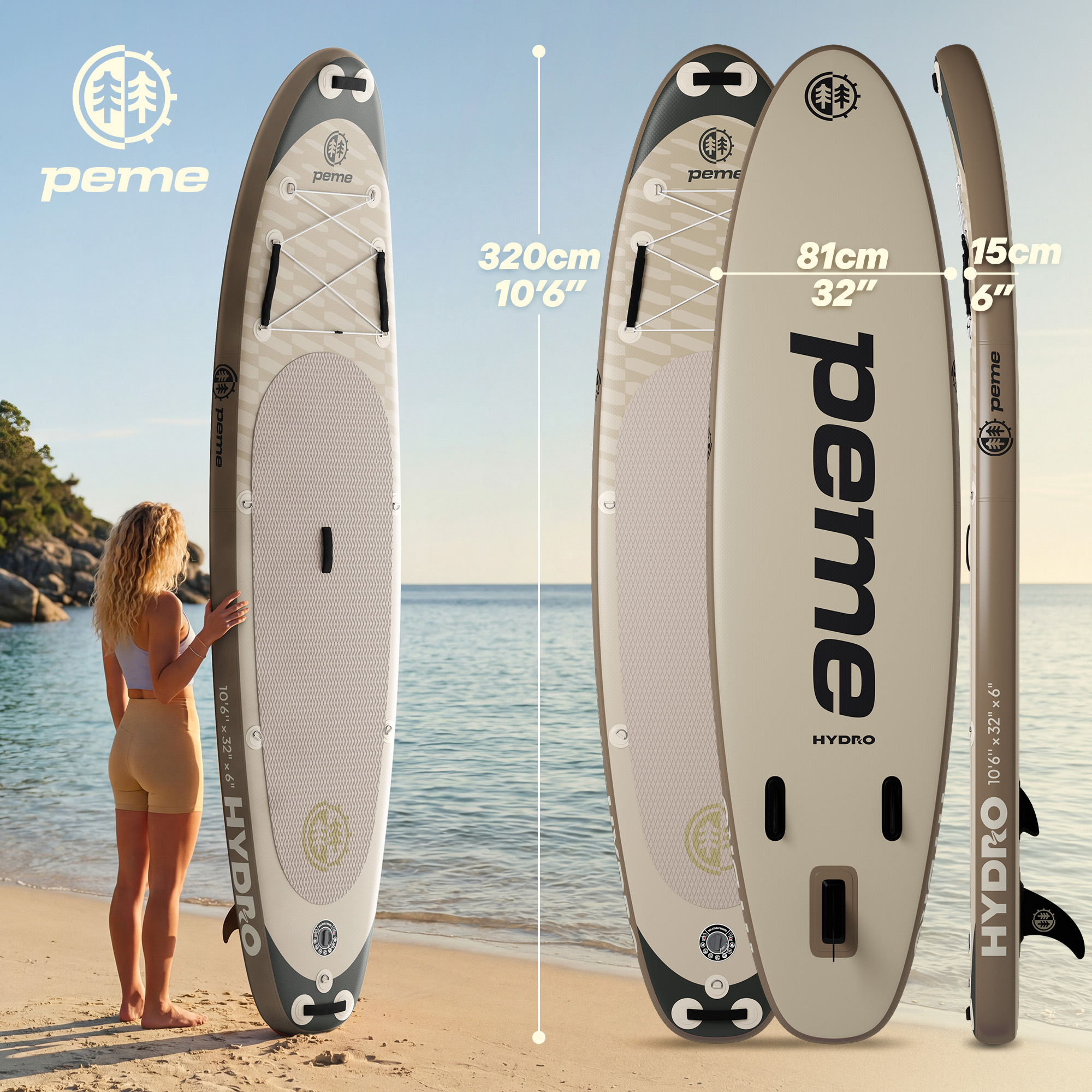 Eine Frau am Strand steht neben einem aufblasbaren Stand-Up-Paddleboard mit den Maßen 320 cm.