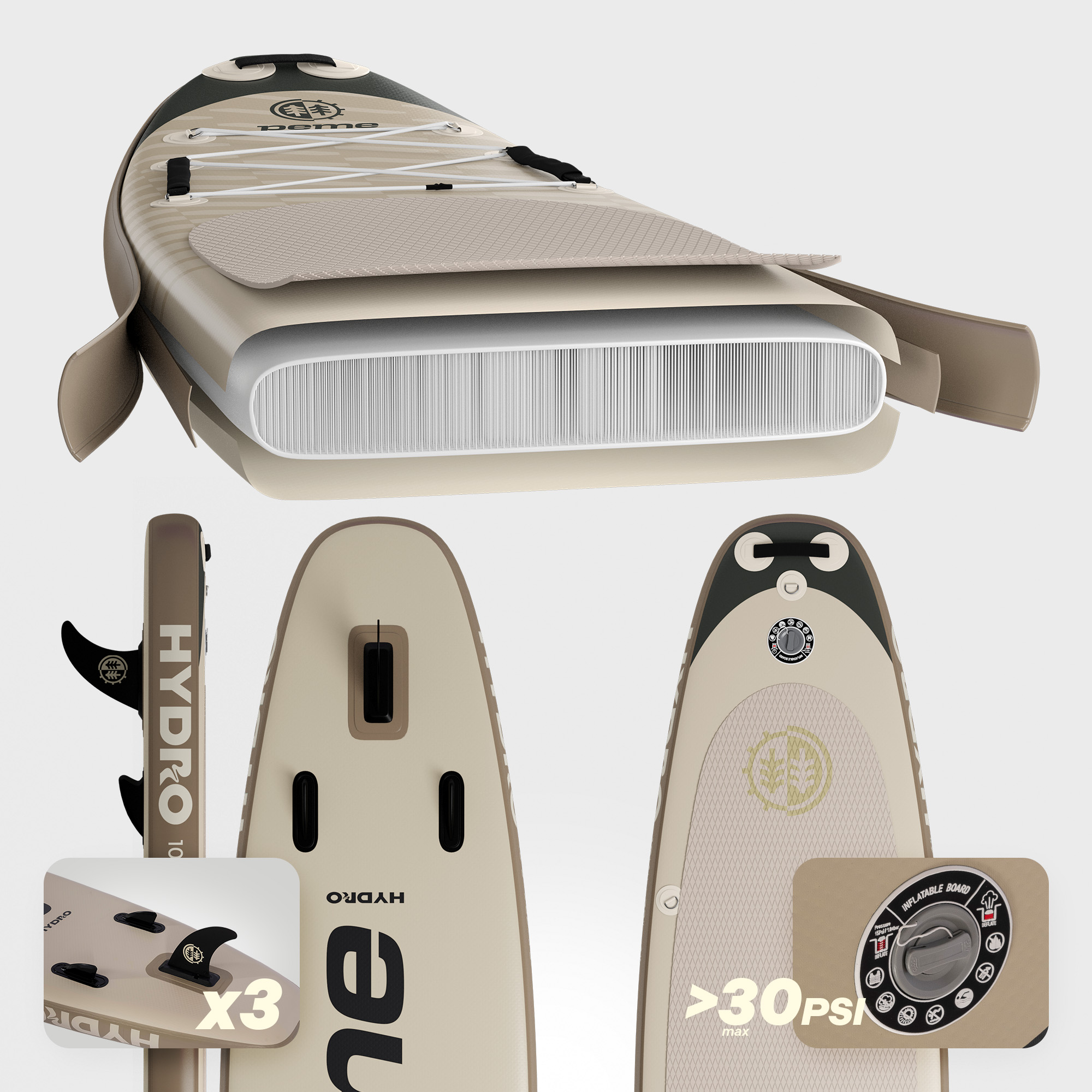 Aufblasbares Stand-Up-Paddleboard in Beige mit schwarzen Flossen und Seilen.