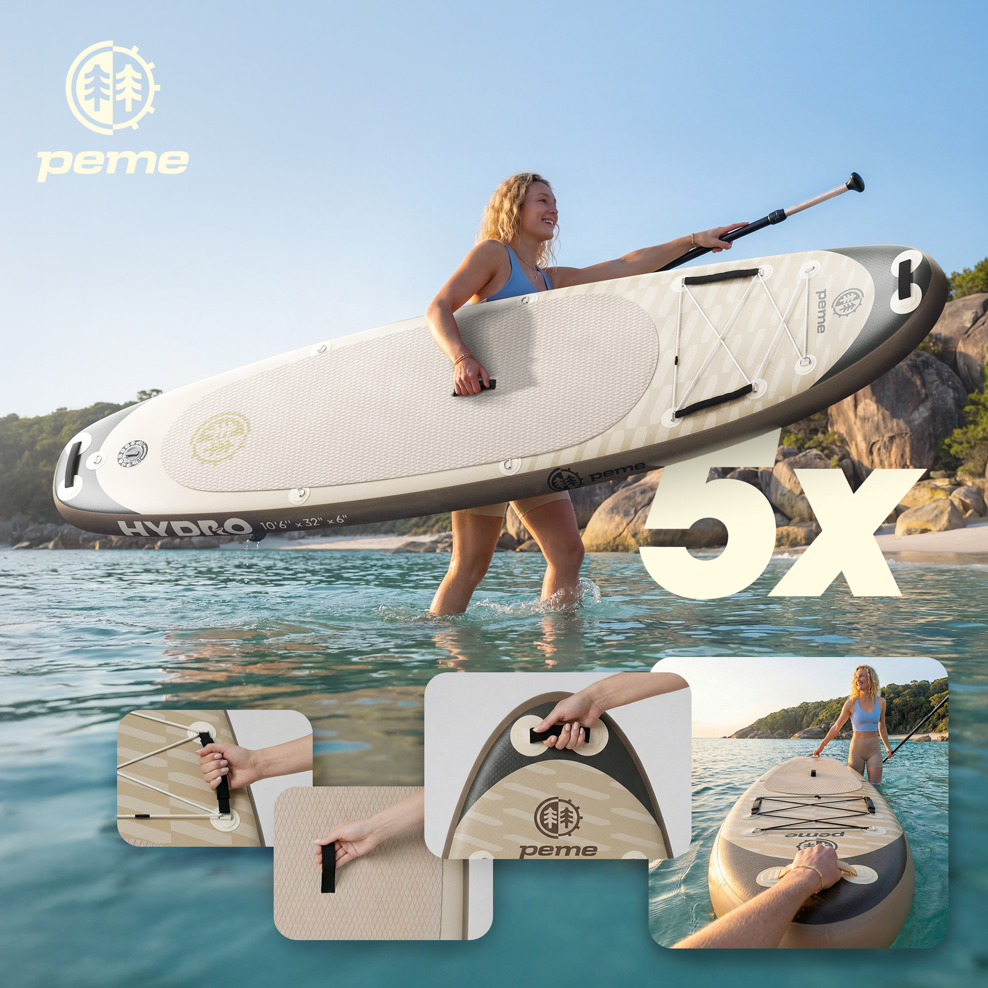 Eine Frau mit einem Stand-Up-Paddleboard im flachen Wasser, umgeben von Felsen und Strand.