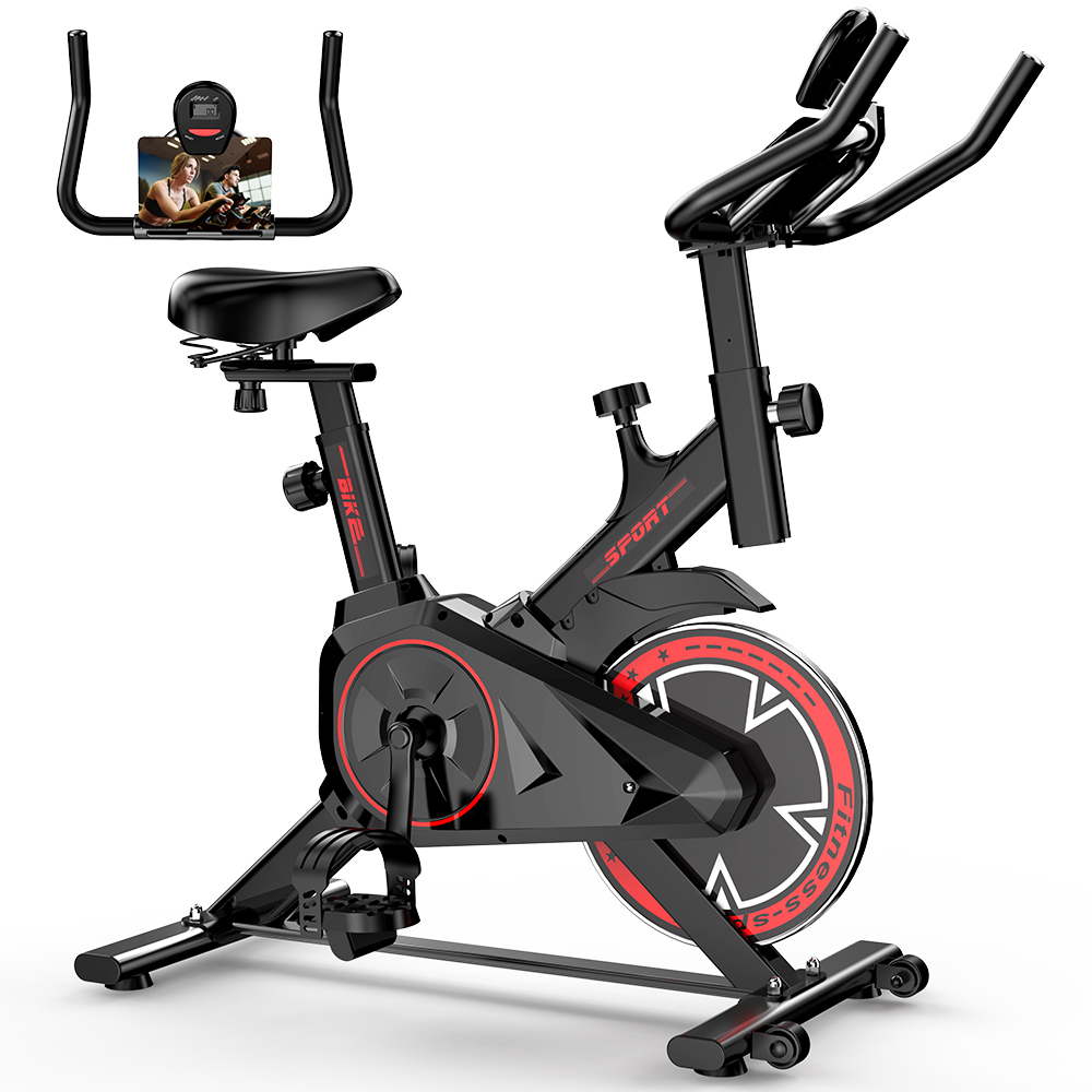 Schwarzes Indoor-Fahrrad mit rotem Akzent und Tablet-Halterung.
