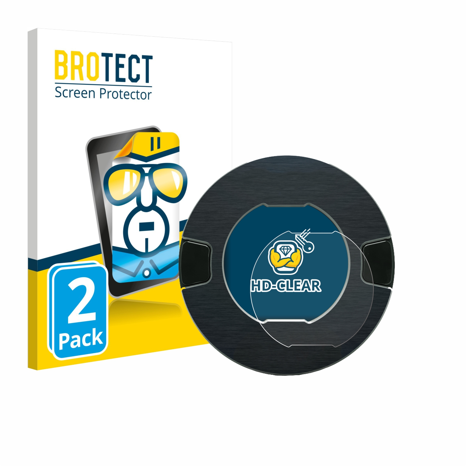 Verpackung mit zwei Displayschutzfolien und einem Handy mit Brille