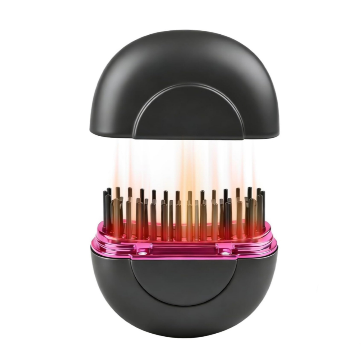 Schwarze Haarbürste mit pinken Akzenten, Kuppeldeckel offen, strahlt orange Licht aus.