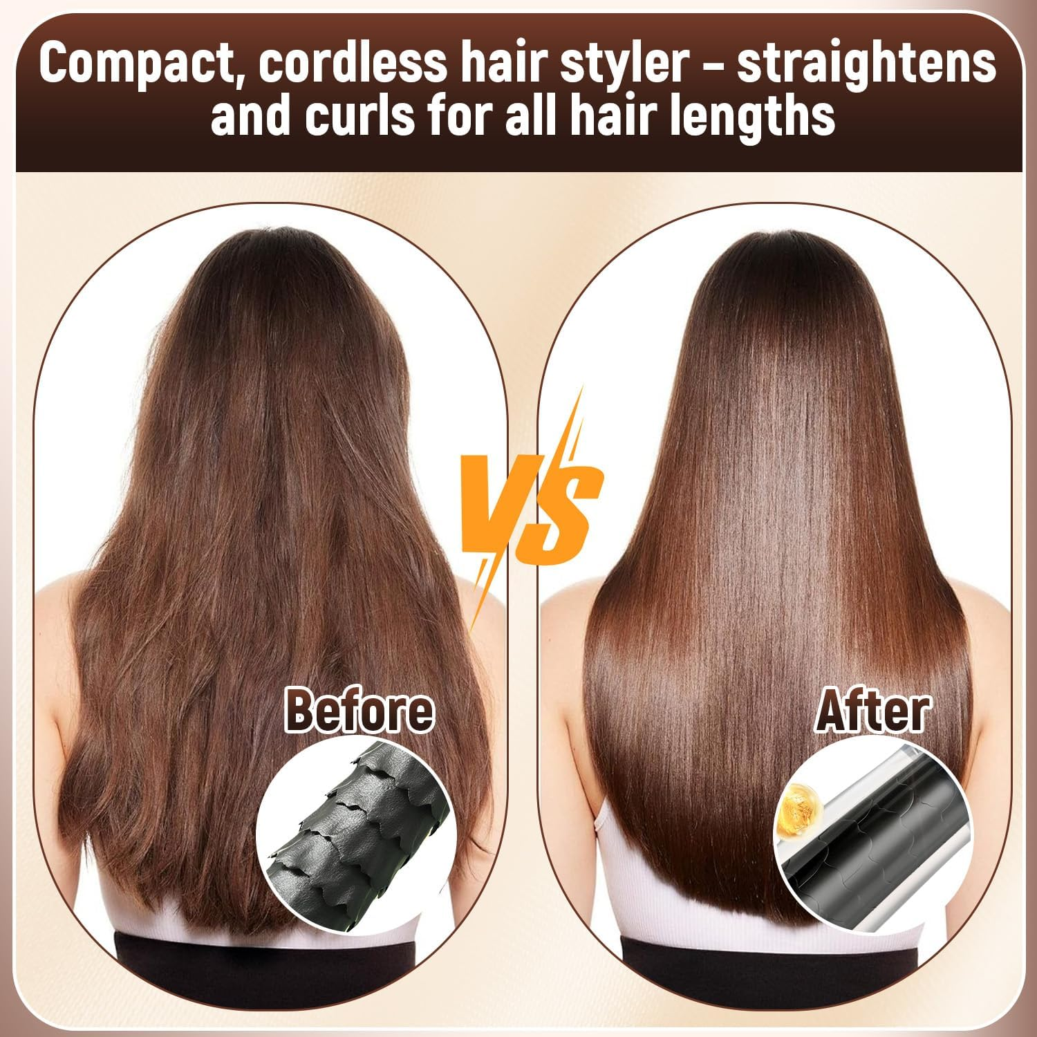 Vorher/Nachher-Vergleich von Haaren, die mit einem kabellosen Haarstyler behandelt wurden.