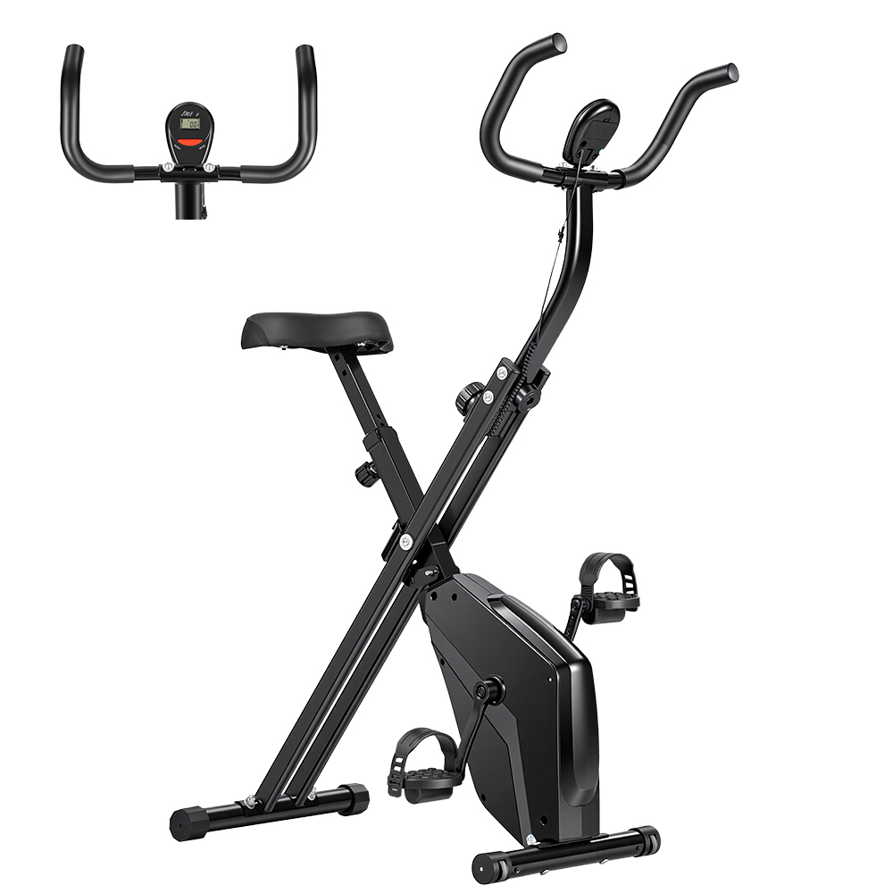 Ein schwarzes, faltbares Heimtrainer mit digitaler Anzeige am Lenker.