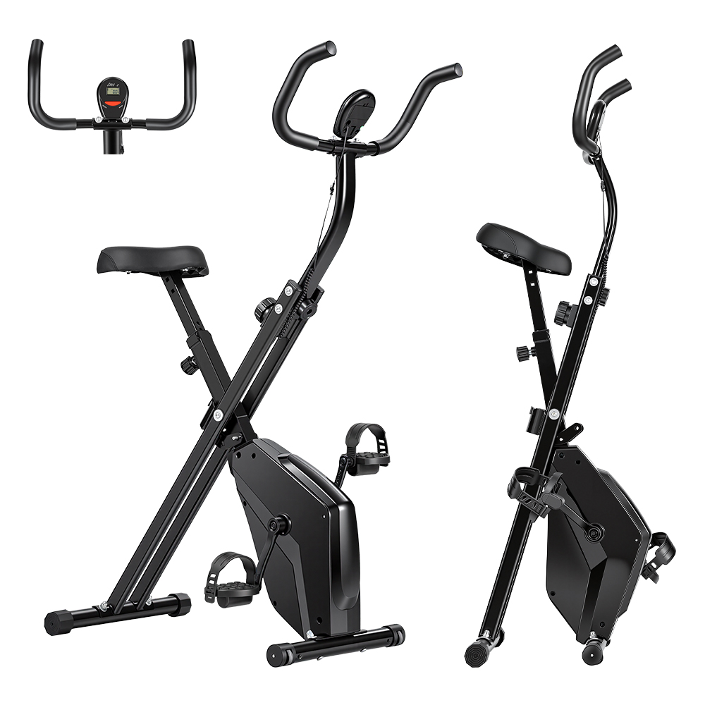 Ein schwarzes, zusammenklappbares Heimtrainerfahrrad mit Sitz und Lenker.