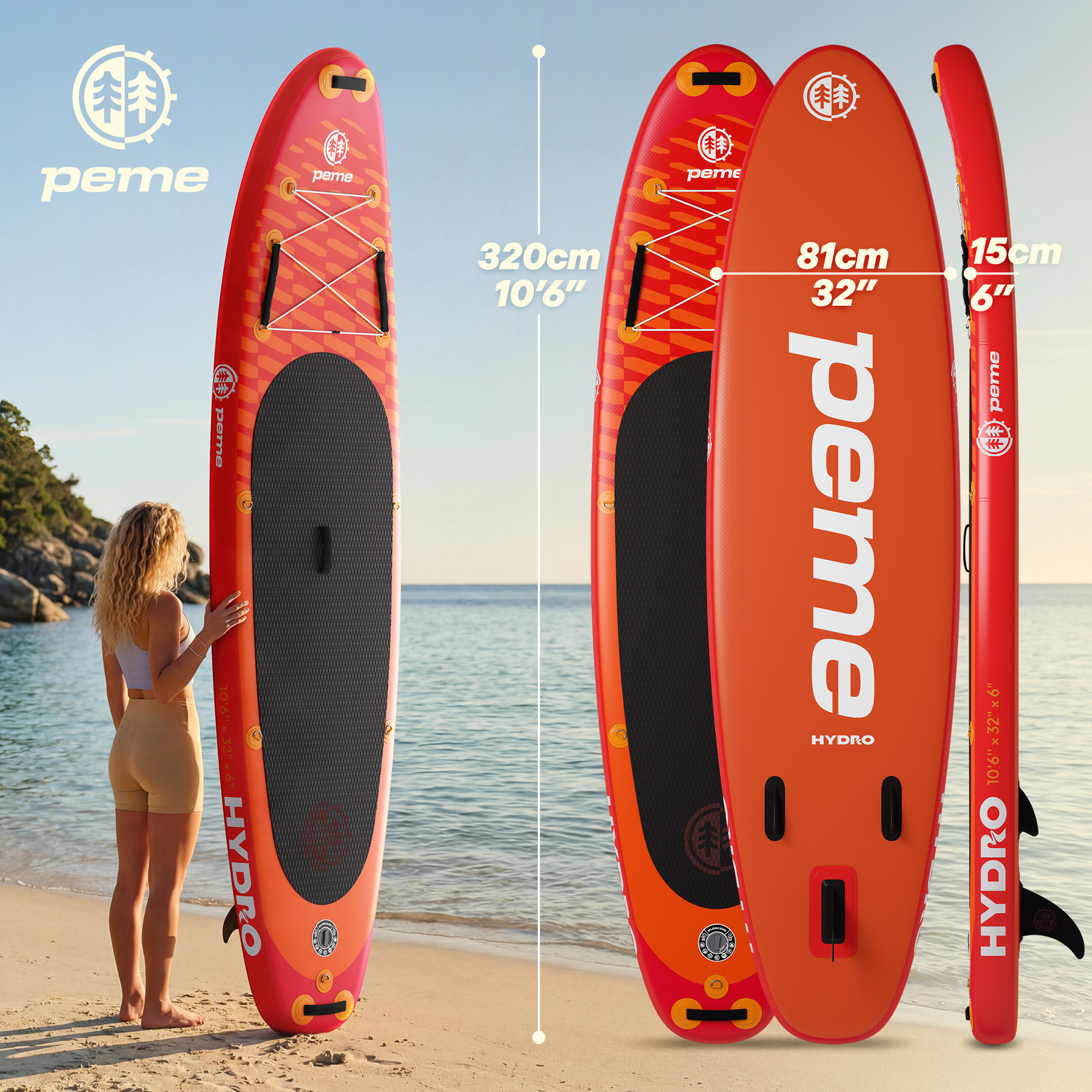 Ein aufblasbares SUP-Board mit rotem und orangem Muster steht am Strand.