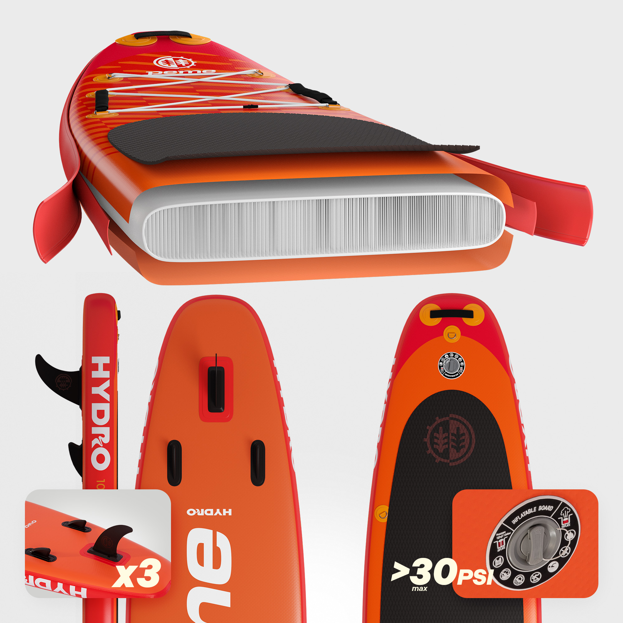 Ein orangefarbenes Paddleboard mit roten Akzenten, Paddel und drei Finnen.