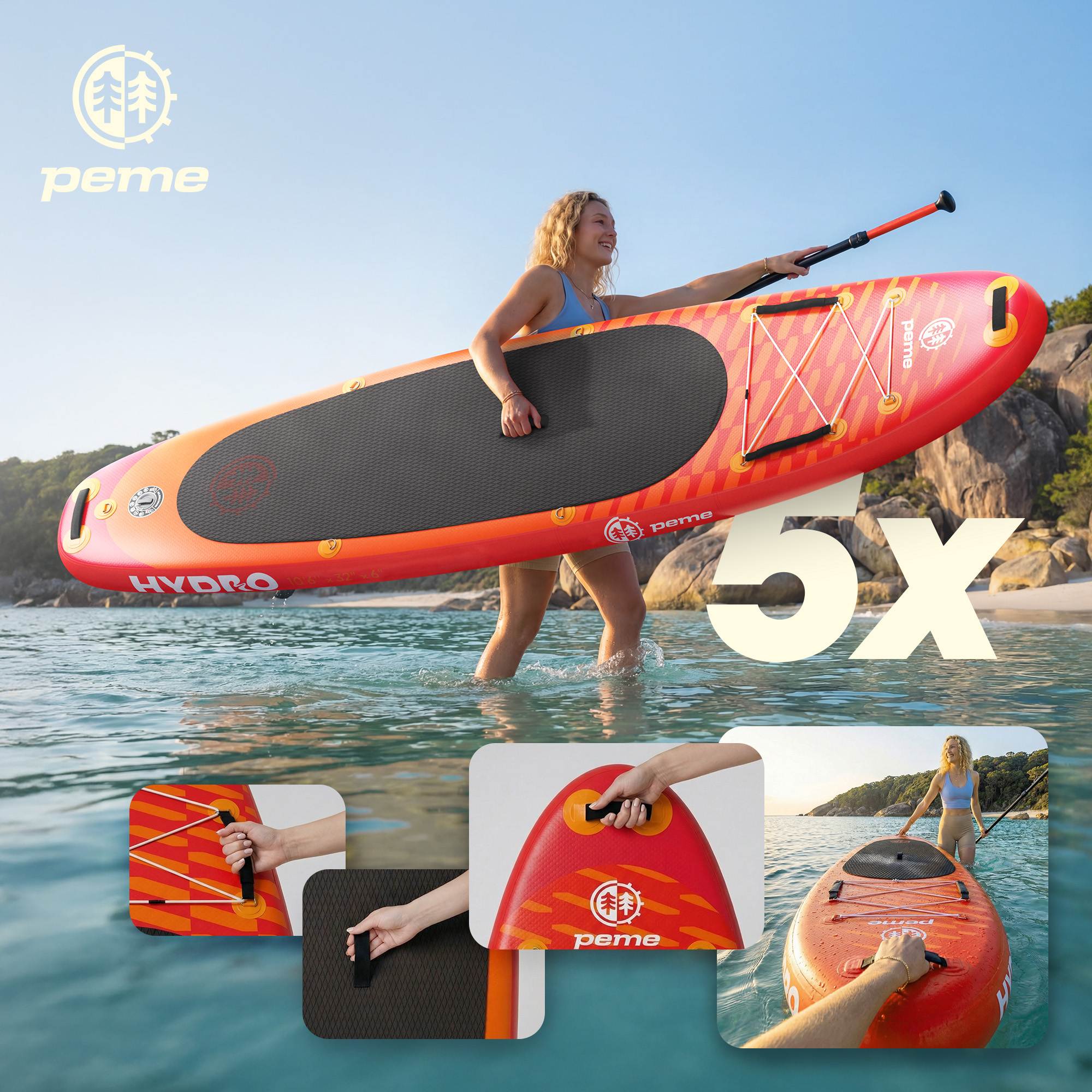Frau mit Paddelboard im Wasser, Collage zeigt Details und Logo.
