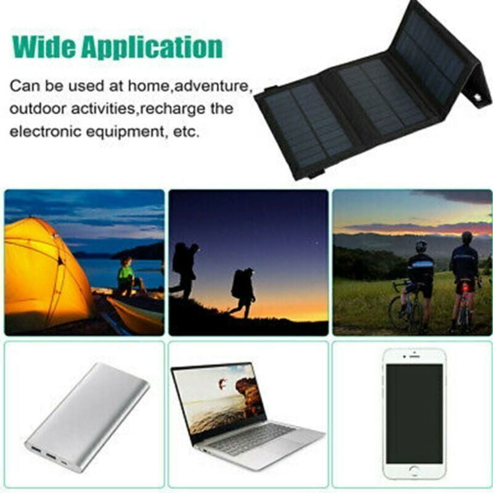 Aufgeklapptes Solarpanel mit Ansichten von Camping, Wandern, Radfahren, Powerbank, Laptop und Handy.