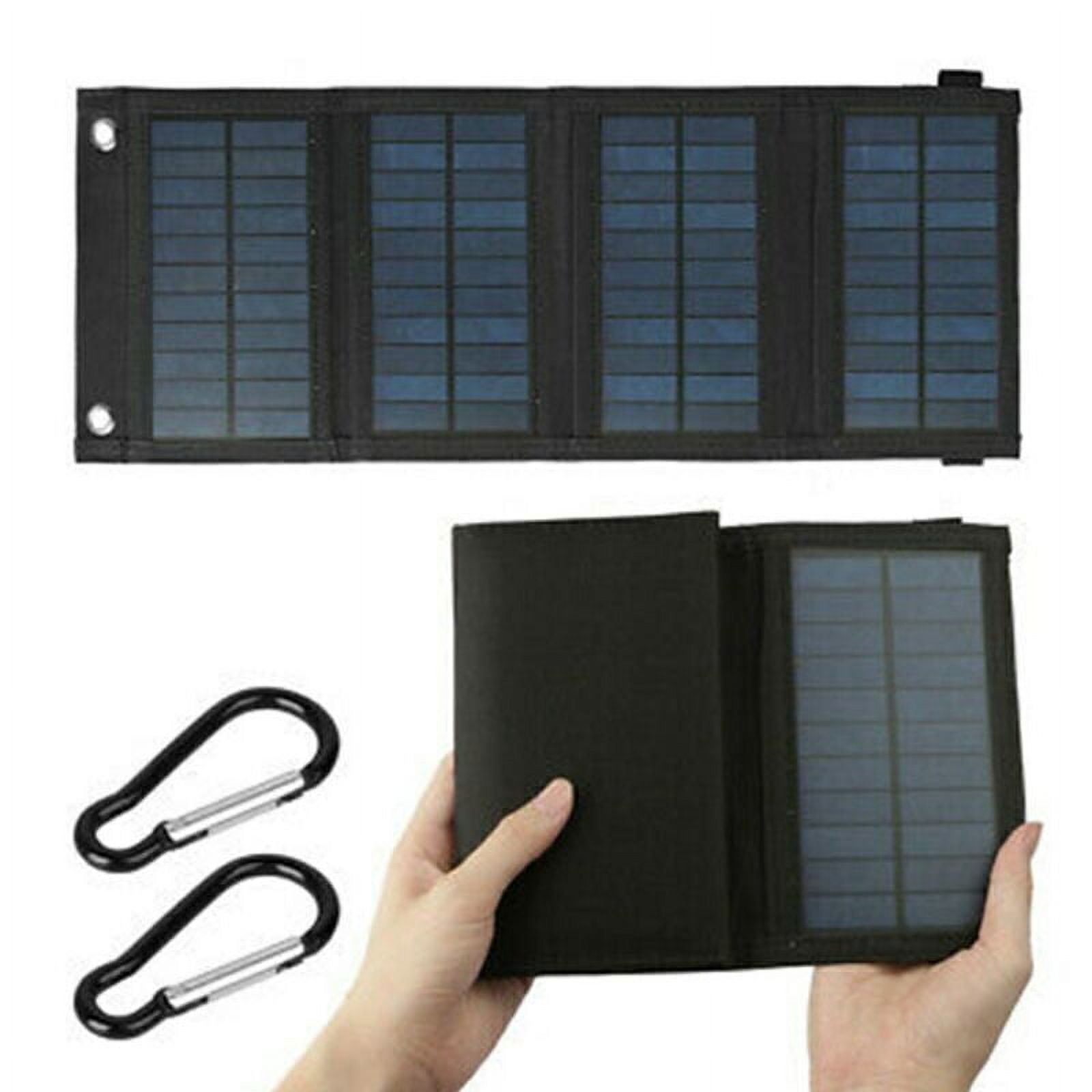 Ein aufklappbares Solarpanel mit vier blauen Zellen, zwei Karabinerhaken.